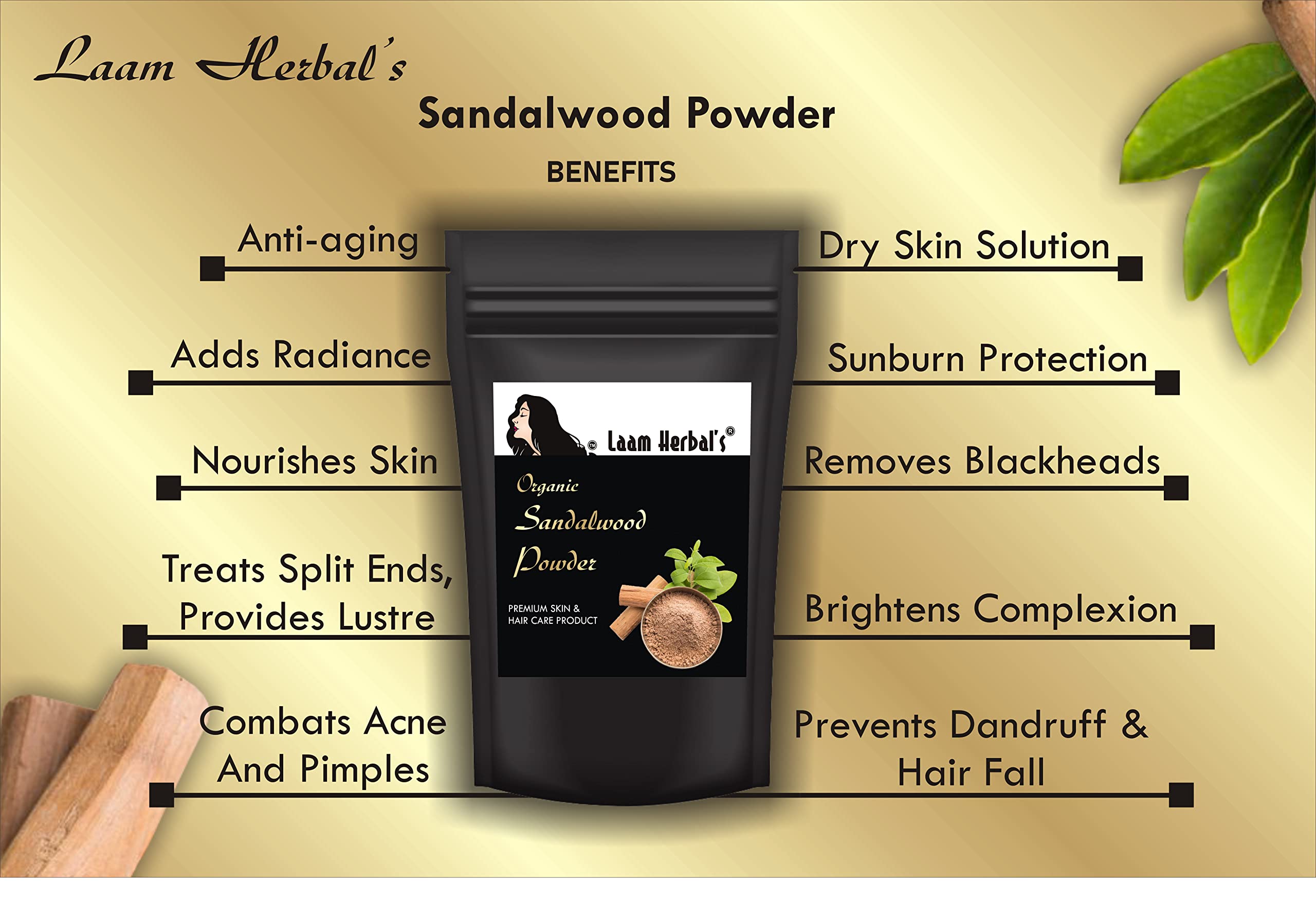 Laam Herbals Pure Sandalwood Powder (250g) - Natural Glow, Anti-Acne, Dark Circle Treatment, Oil Control & Skin Brightening | Organic Face Mask for Even Skin Tone & Tan Removal | Perfect for Daily Skincare & Spa Treatments