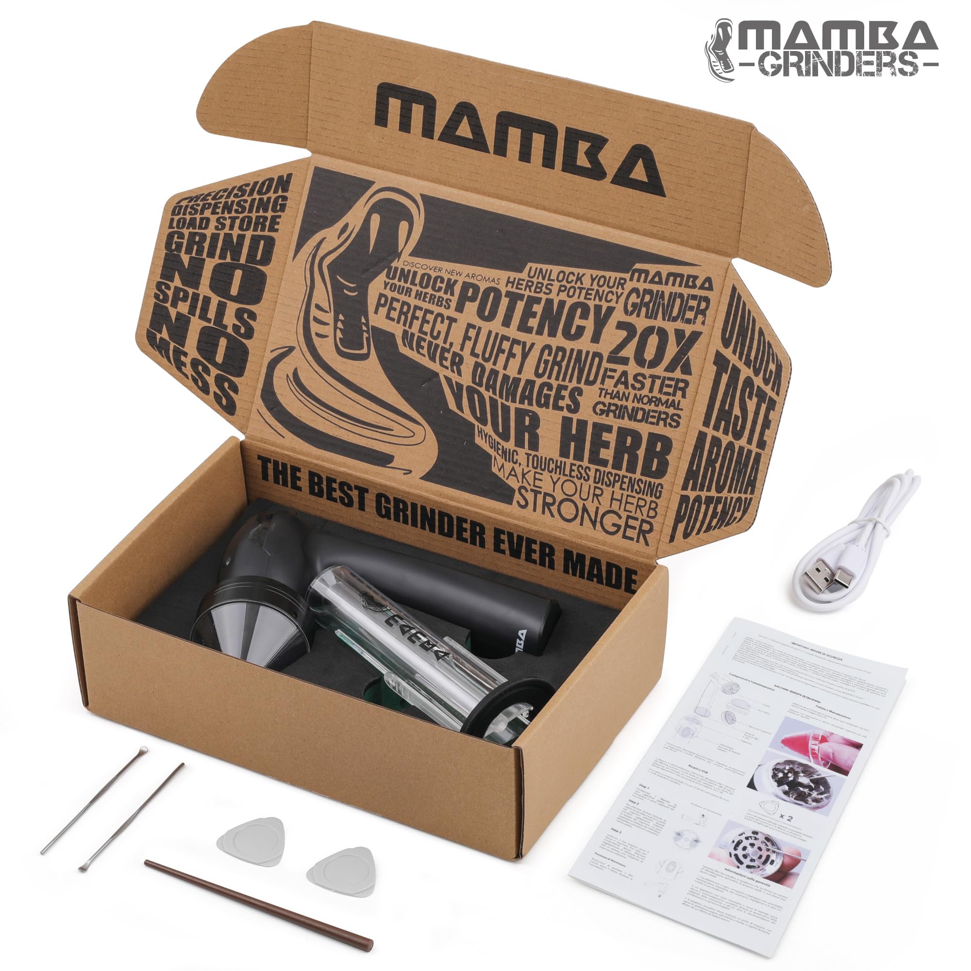 Mamba Loader XL 2g Black USB Electric Herb Grinder - Portable Metal Spice Mill for Kitchen, Herbs & Seasonings | Perfect for Cooking, Baking & Tea Preparation
