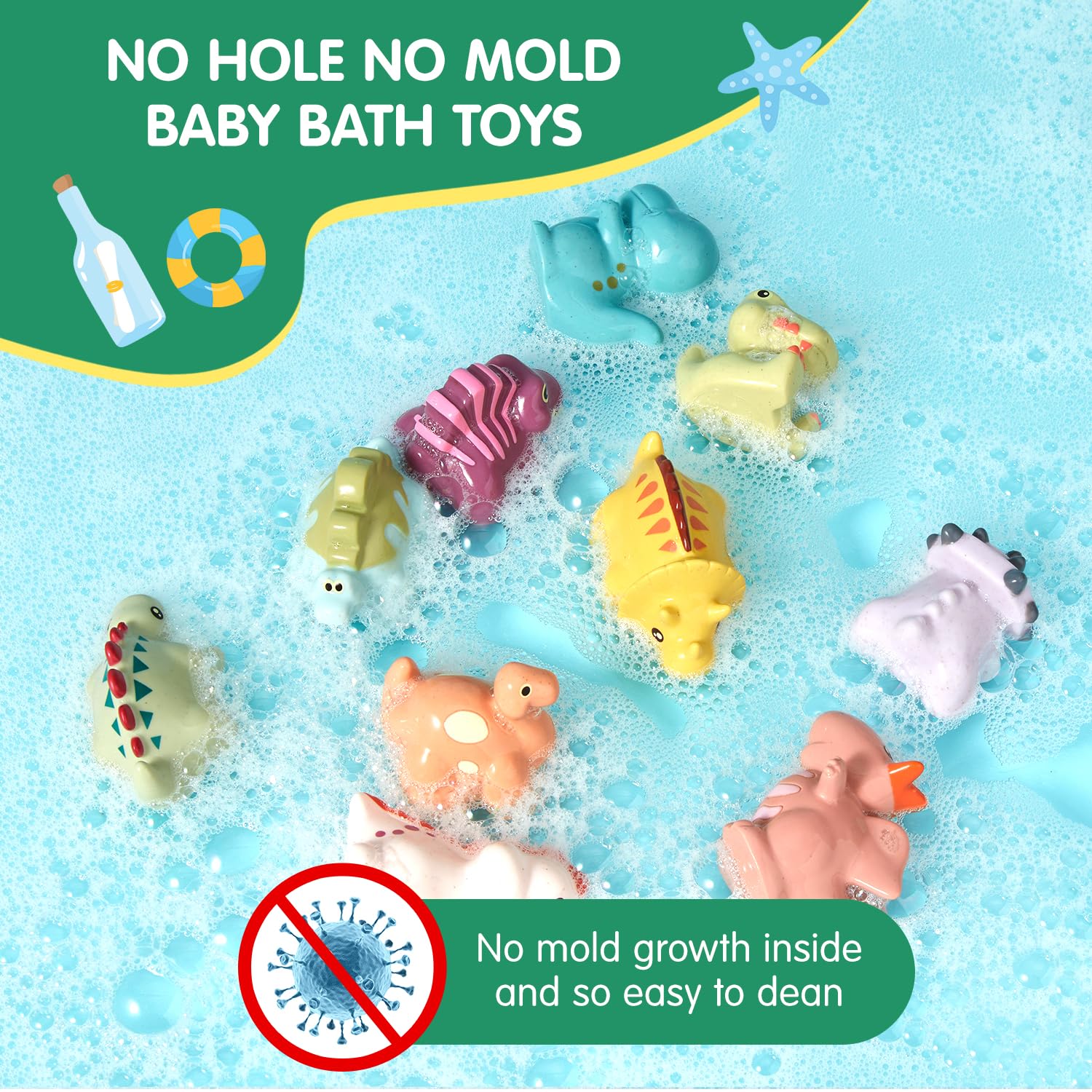 AMCHSURI 9-Pack Mold Free Baby Bath Toys for Toddlers 1-3 Years & Infants 6-18 Months - No Hole Dinosaur Bathtub Toys for Safe Splashing Fun - Perfect Bath Time Sensory Toys for Kids & Baby Shower Gifts