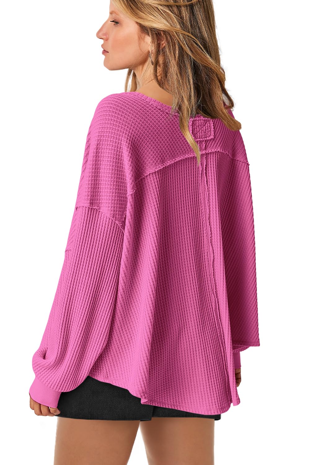 LAMISSCHE Women's Oversized V-Neck Waffle Knit Long Sleeve Thermal Tunic Top - Batwing Sweater Blouse for Workout, Lounge & Casual Wear