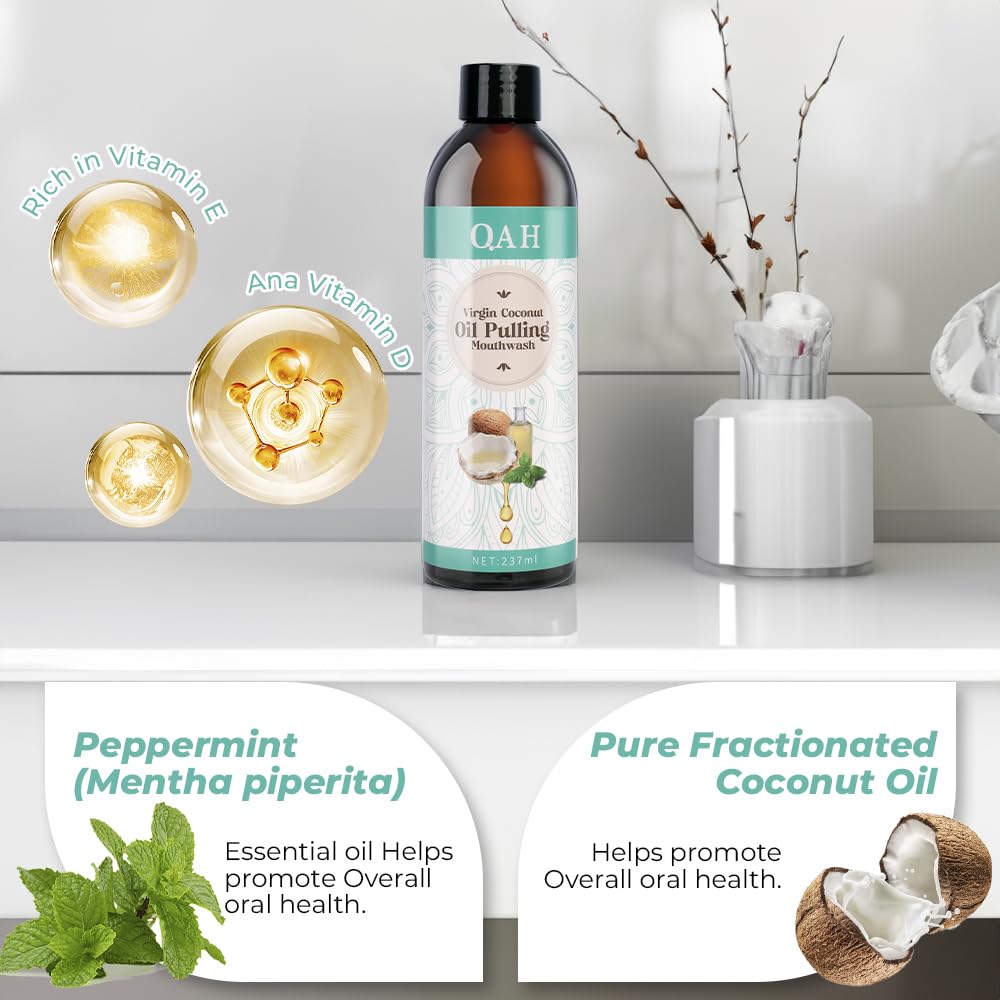Organic Coconut Oil Pulling for Teeth Whitening & Oral Care - Natural Mint Flavor Mouthwash for Fresh Breath & Healthy Gums (8 Fl Oz) - Perfect for Daily Dental Routine & Natural Whitening Solution
