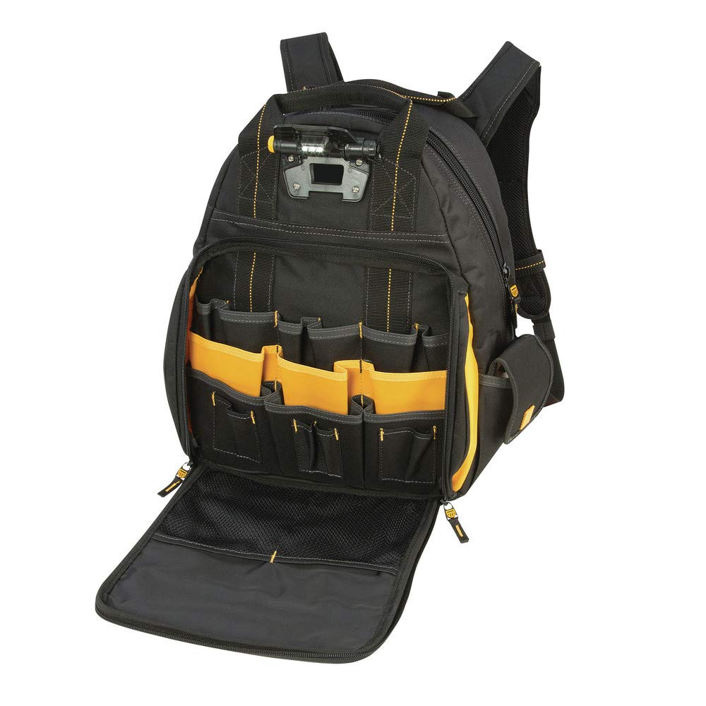 DEWALT 57-Pocket Lighted Tool Backpack for Electricians & Contractors - Heavy Duty Work Backpack with LED Light for Job Sites, Construction, and Outdoor Projects