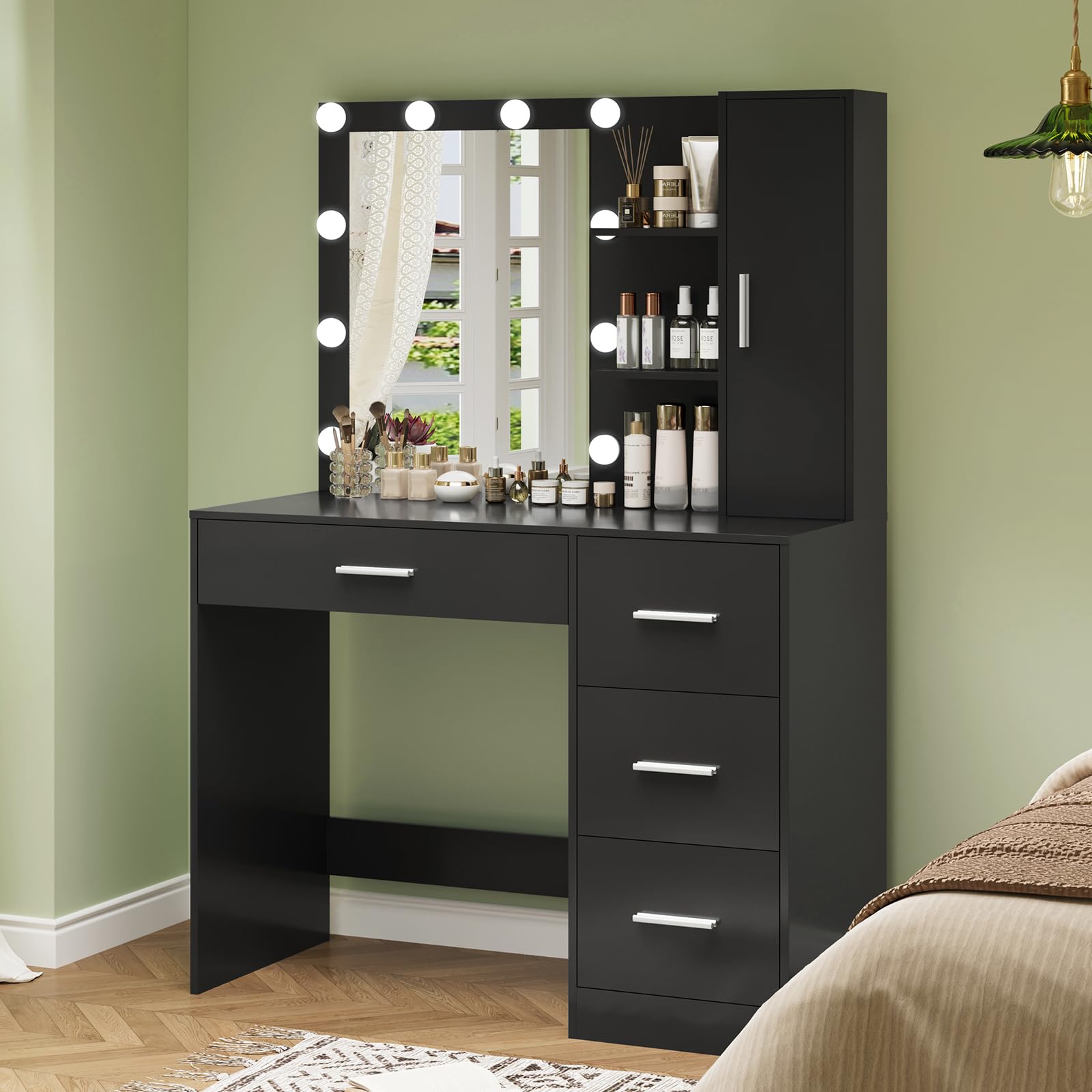 USIKEY Makeup Vanity with LED Lights - 10 LED Lighted Dressing Table with Mirror, 4 Drawers, Cabinet & Necklace Hooks - Black Bedroom Vanity Set for Women | Perfect for Makeup Application, Jewelry Storage & Home Decor