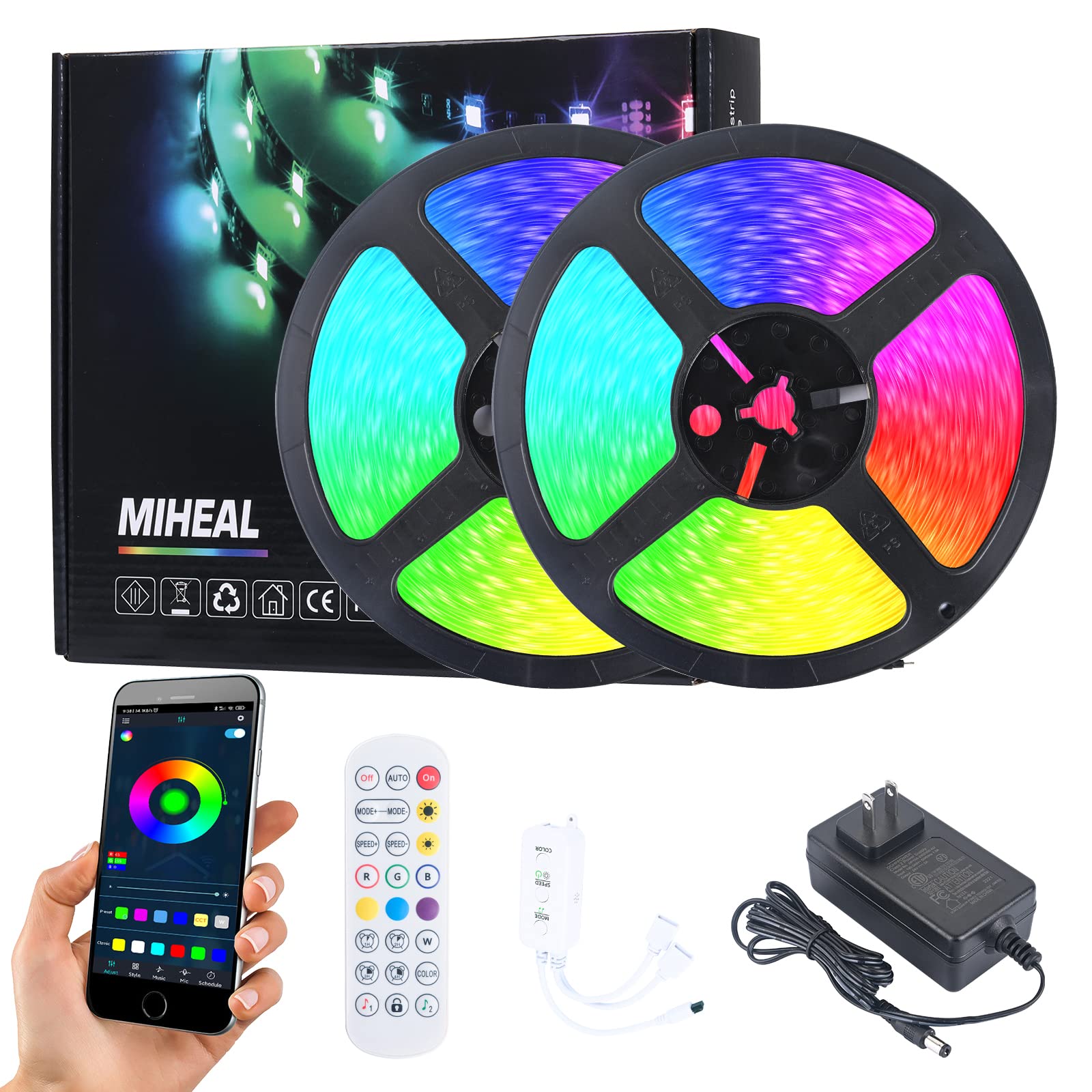 MIHEAL 65.6ft Smart LED Strip Lights - 2 Rolls of 32.8ft RGB Color Changing Lights with Bluetooth Music Sync, APP & Remote Control for Bedroom, Home Theater, Gaming Room (Black Band) - Perfect for Mood Lighting & Party Decor