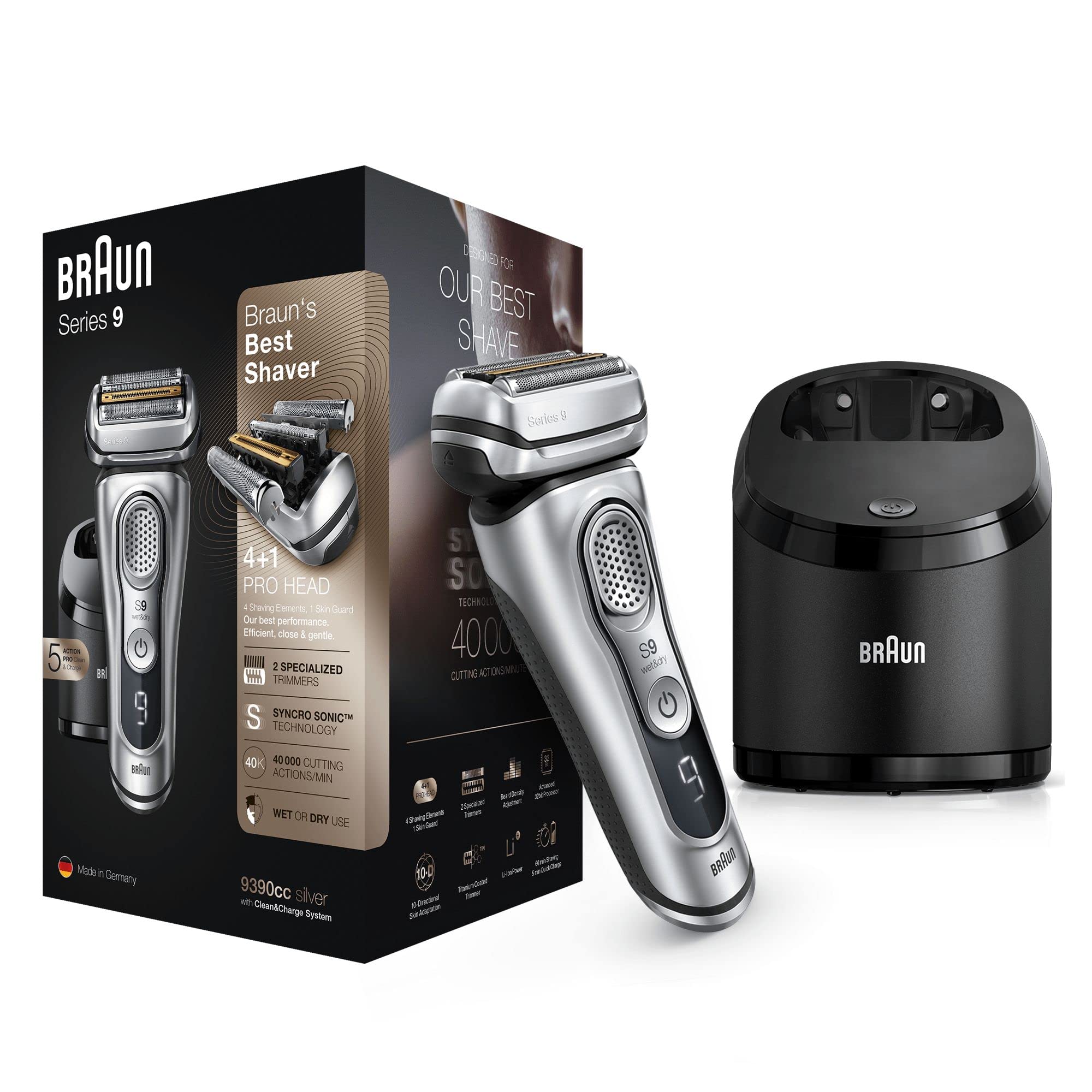 Braun Series 9 Electric Shaver for Men with Clean & Charge Station, Leather Case - 100% Waterproof, 2 Pin Bathroom Plug, Flawless Shaving - Perfect Gift for Dad, Husband, Boyfriend (Model 9390cc, Silver) - Ideal for Travel, Home Use & Wet/Dry Shaving