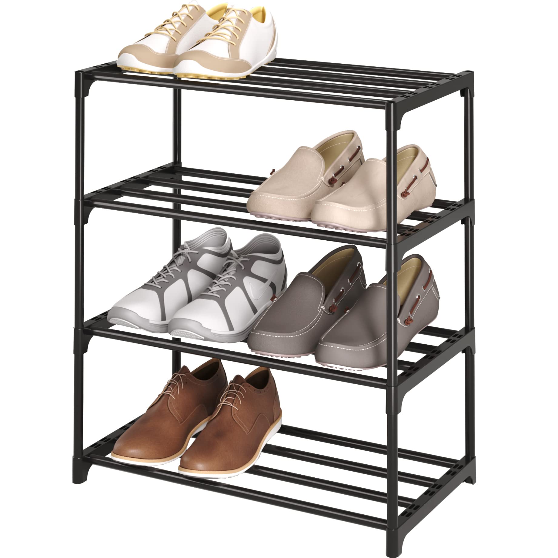 4-Tier Small Shoe Rack - Metal Stackable Shoe Organizer for Kids & Adults - Narrow Space-Saving Shoe Shelf for Closet, Hallway, Entryway, Living Room & Bedroom - Sturdy Black Shoe Storage Solution for Home Organization