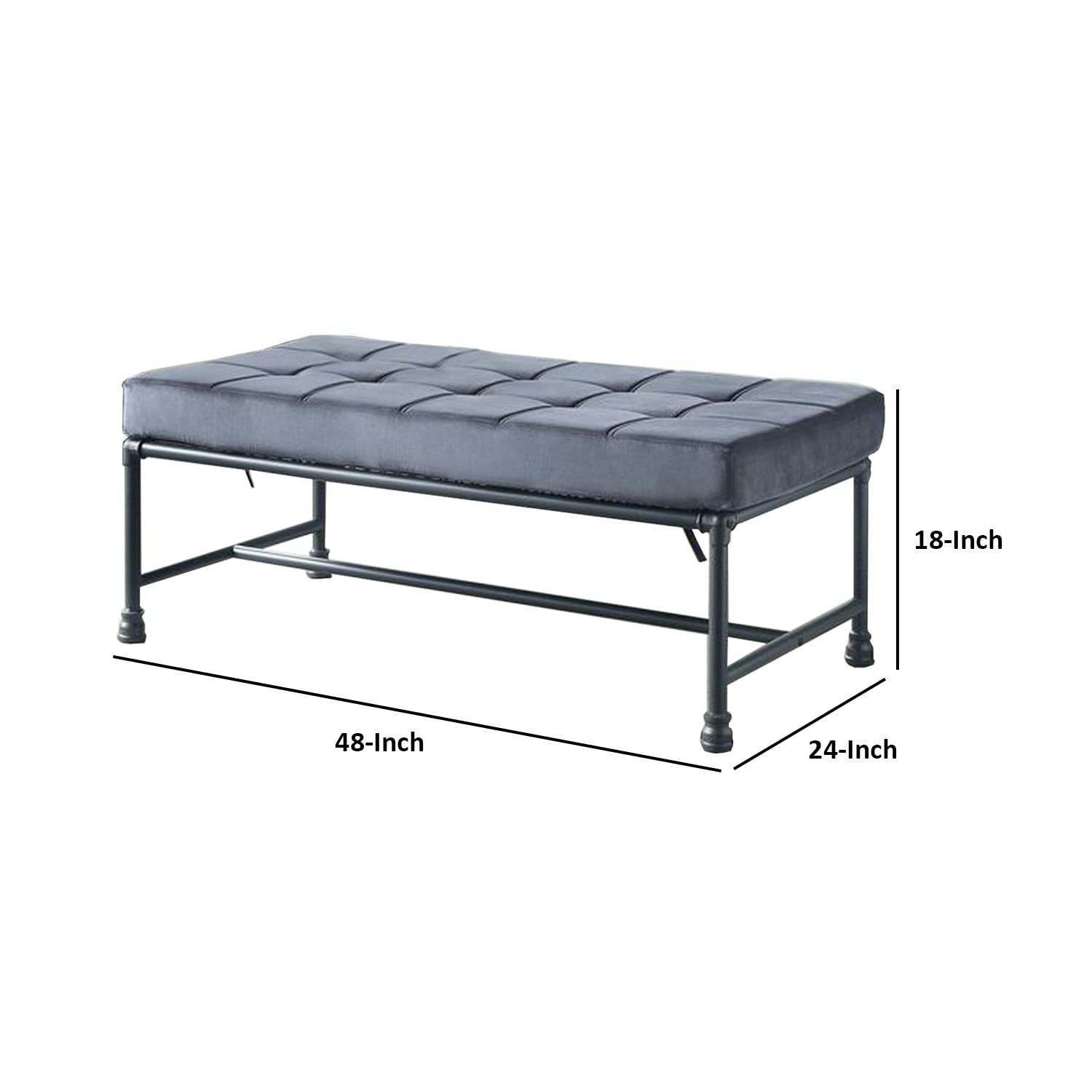 Benjara Gray Button Tufted Bench with Pipe Style Metal Frame - Perfect for Entryway, Bedroom, or Living Room Seating