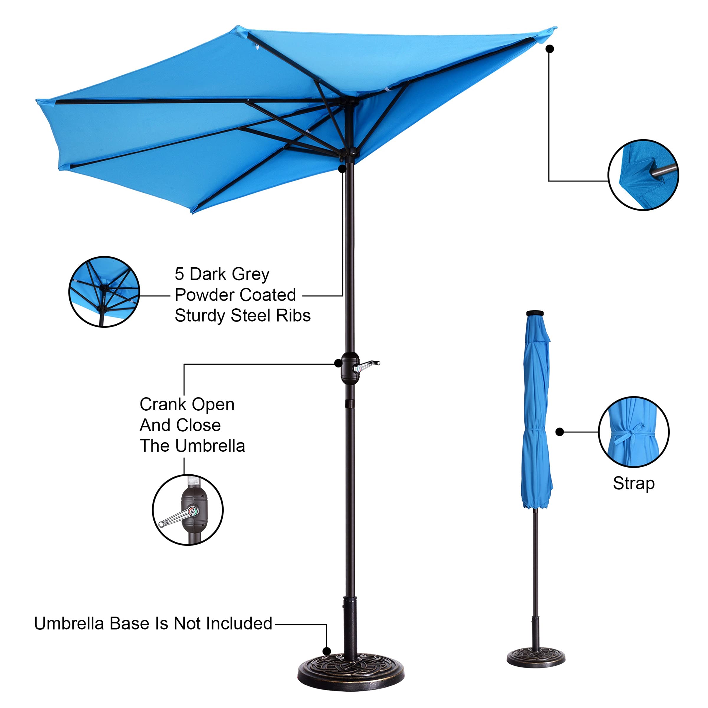 9FT Blue Half Patio Umbrella with Easy Hand Crank - Outdoor Canopy for Garden, Balcony, Condo & Townhouse - Sun Shade for Poolside, Deck, Backyard & Outdoor Dining - Villacera Patio Furniture