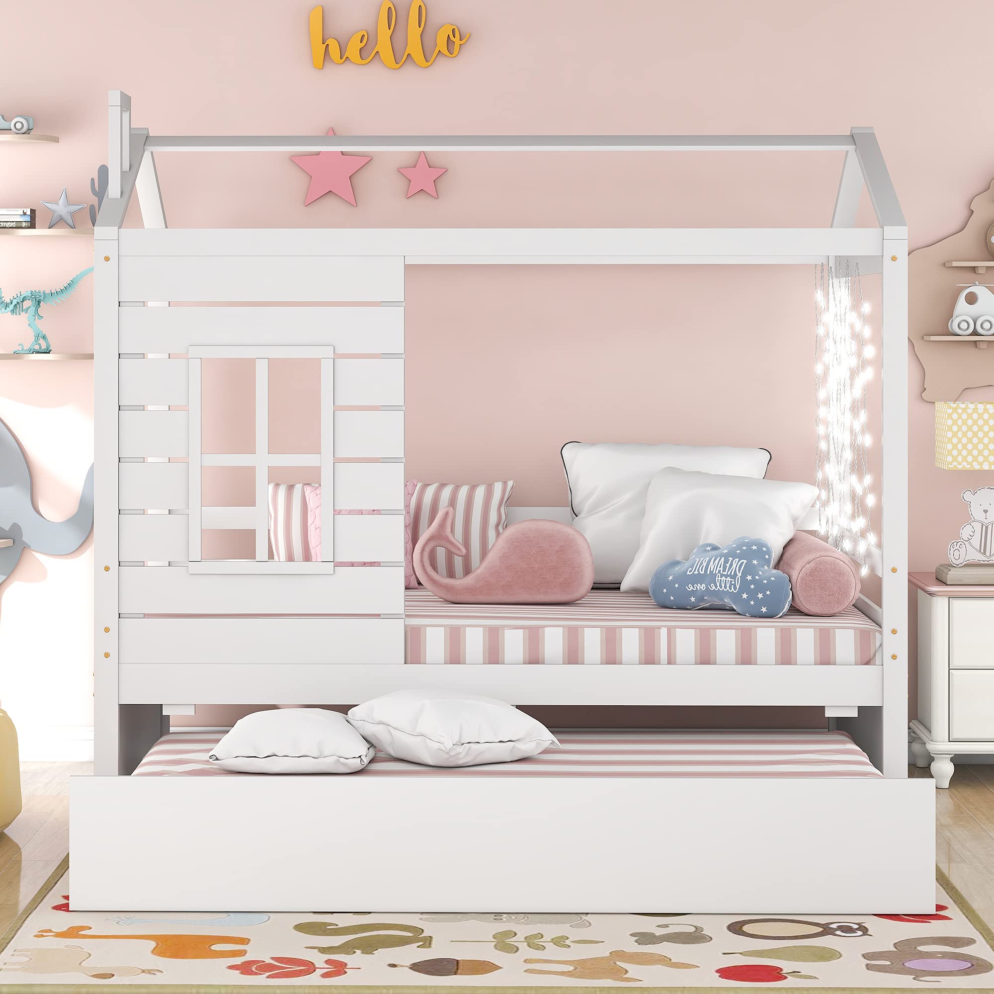 Merax Twin Size Wooden House Bed with Window & Trundle - No Box Spring Needed - Perfect for Teens, Kids Bedroom Decor (White) | Ideal for Small Spaces, Guest Rooms & Playroom Furniture