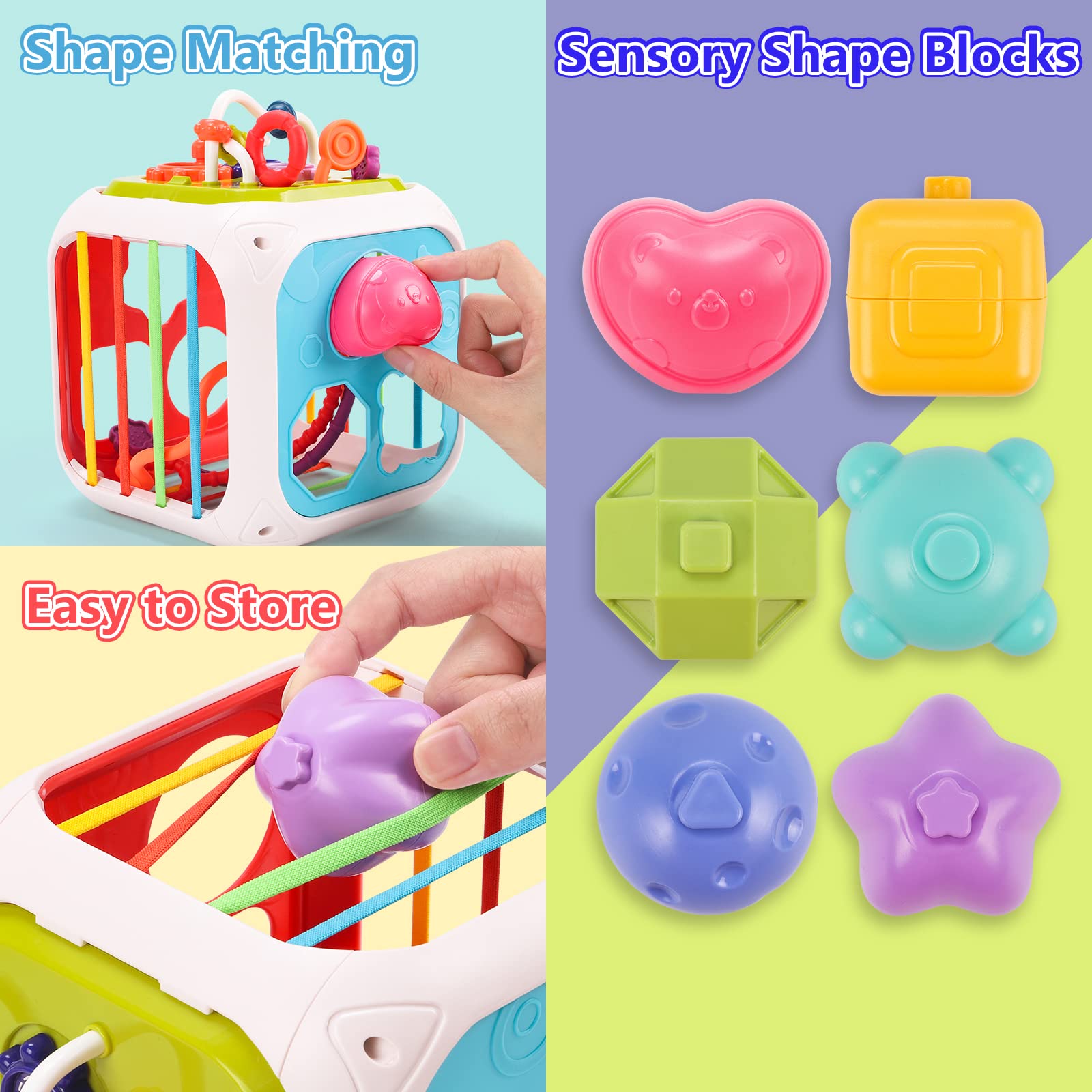 QIZEBABY 7-in-1 Montessori Activity Cube with Baby Blocks - Sensory Learning Toys for Toddlers 6-18 Months, Developmental Toys for 1-2 Year Old Boys & Girls - Perfect for Playtime, Early Education & Birthday Gifts
