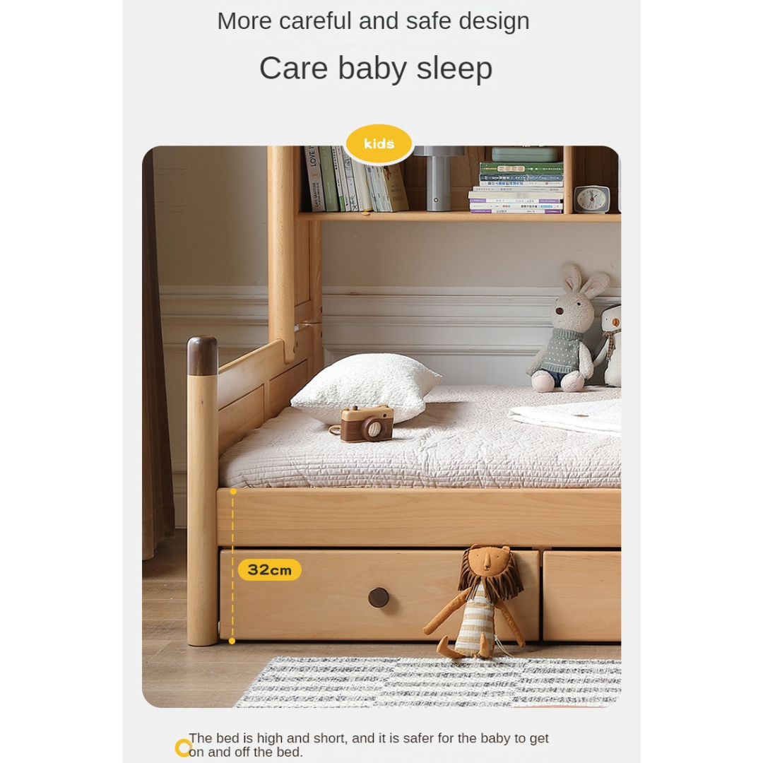 Solid Oak Wood Multi-Function Storage Bed - Queen Size Platform Bed with Underbed Drawers for Small Space Bedroom, Guest Room & Studio Apartments