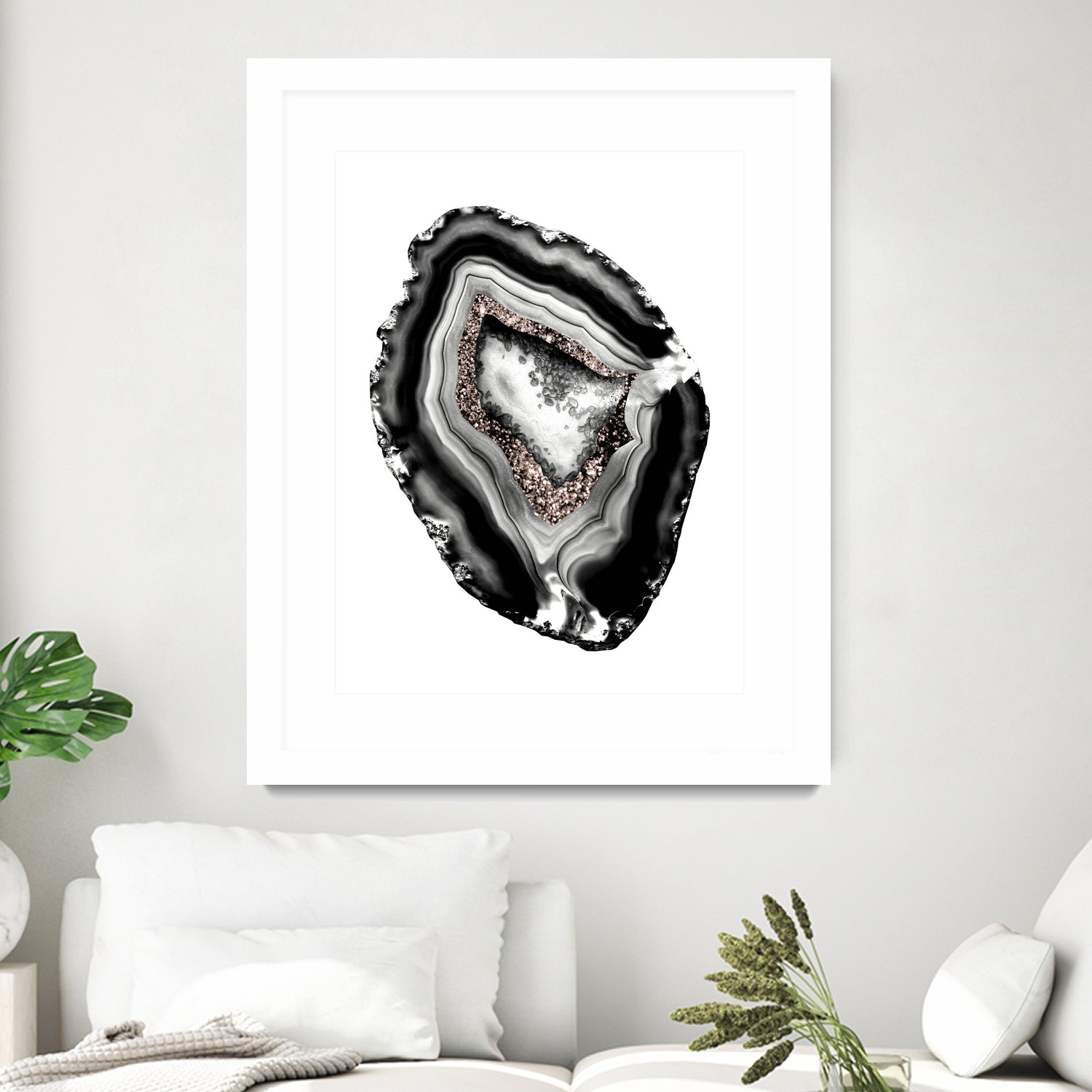 Rose Gold Glitter Agate Slice - Natural Gemstone Home Decor, Crystal Healing Art for Meditation & Spiritual Gifts