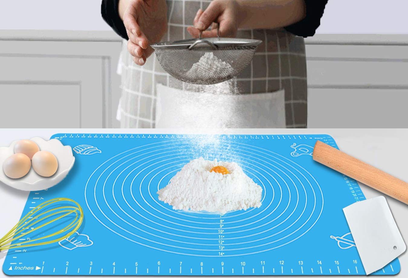 Non-Stick Silicone Baking Mat with Measurement Marks - Heat Resistant Up to 480°F, BPA Free, Reusable Pastry Dough Rolling Mat - Dishwasher Safe, Easy to Clean, Won't Discolor - Perfect for Cookies, Bread, Pizza & Pastry Making (Blue)