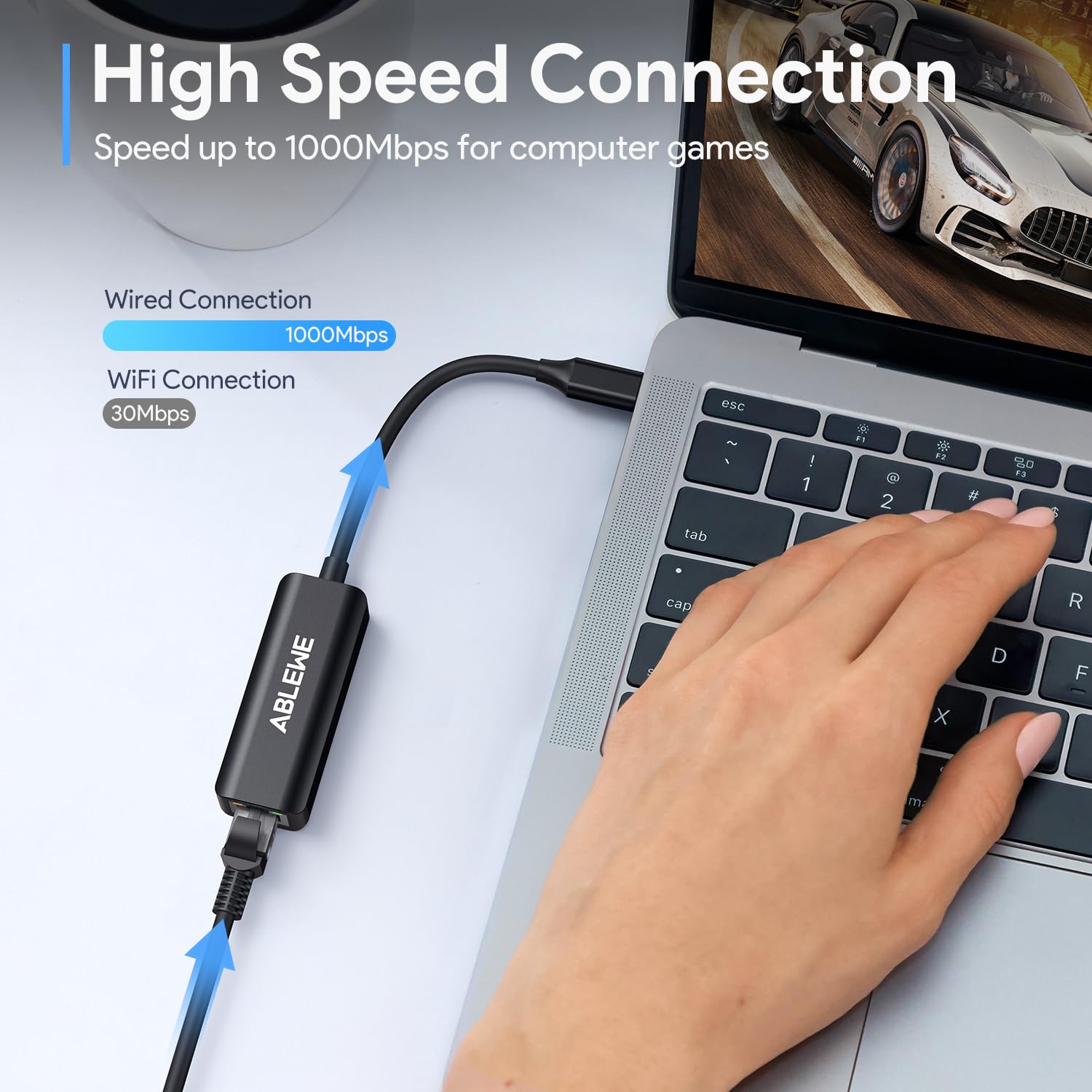 ABLEWE USB C to Ethernet Adapter - Gigabit RJ45 to Type-C Thunderbolt 3 Compatible for MacBook Pro/Air, Dell XPS, iPad Pro - Fast Wired Internet for Home Office, Gaming & Video Conferencing