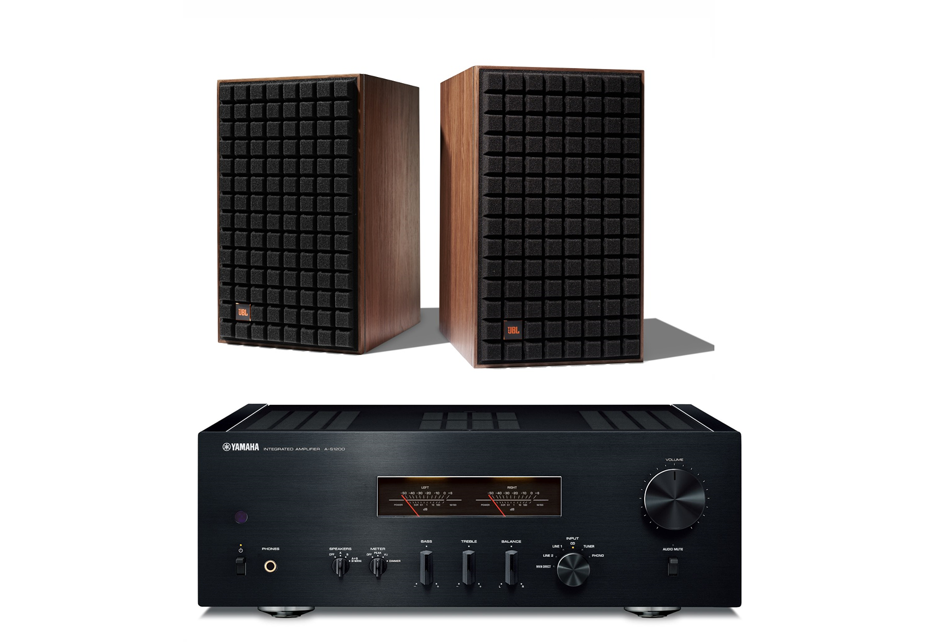 JBL L82 Classic Walnut with Black Grill and Yamaha A-S1200 Black
