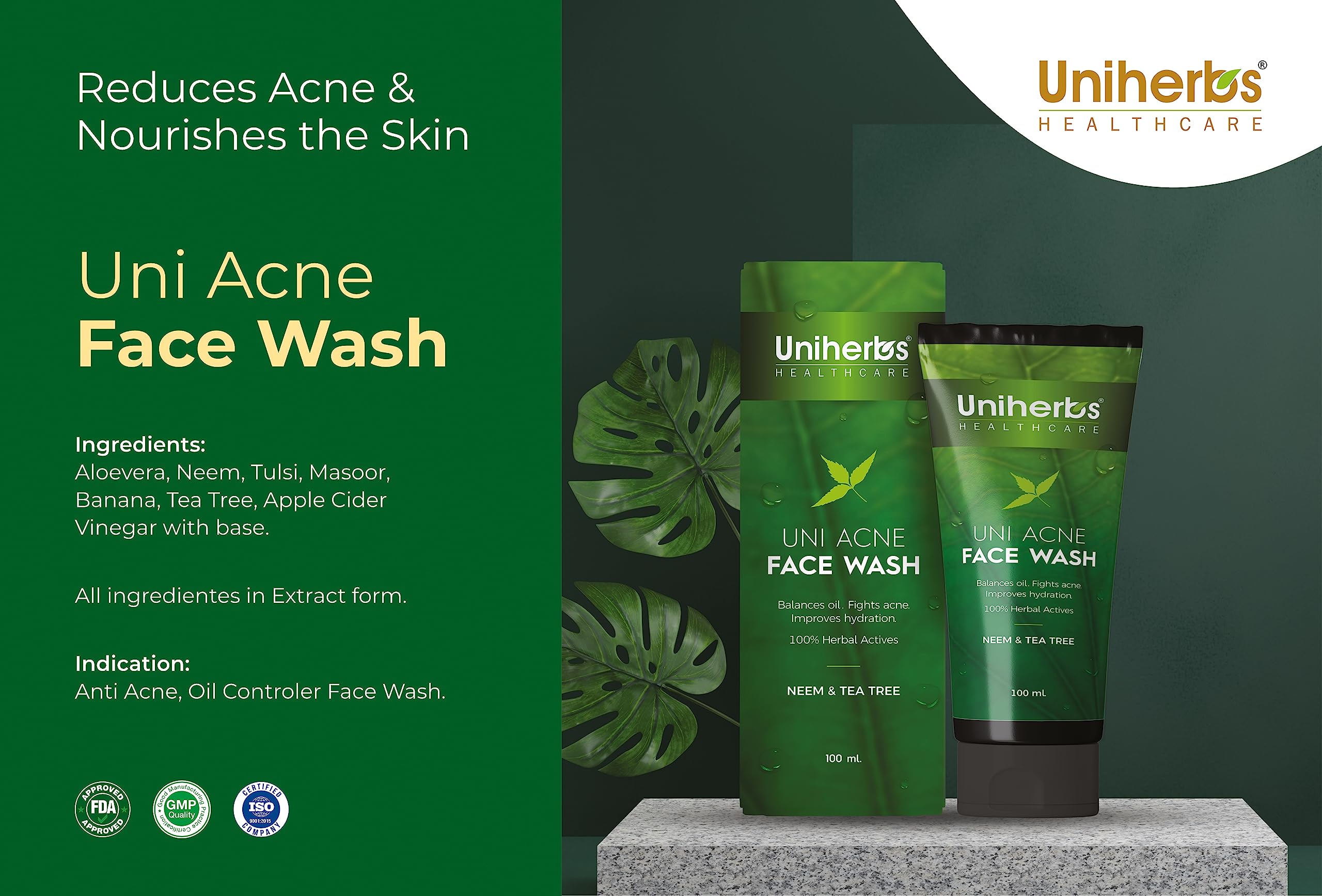 Uniherbs Uni Acne Face Wash - 100ml Pimple Treatment for Men & Women | Gentle Cleanser for Oily & Acne-Prone Skin | Daily Skincare Routine