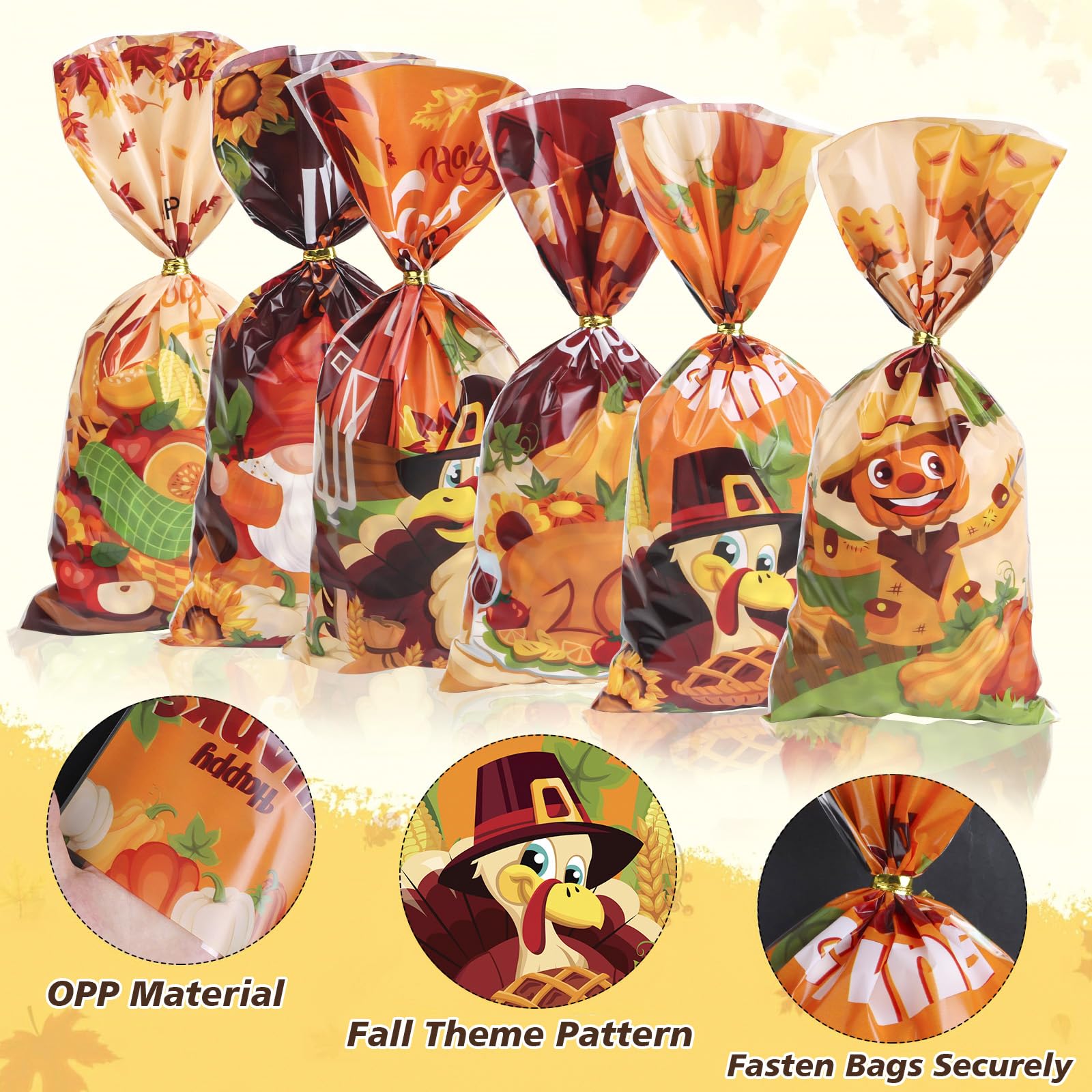 180 Pcs Thanksgiving Treat Bags - Fall Themed Cellophane Candy Bags with Maple Leaves, Turkey & Pumpkin Designs - Perfect for Thanksgiving Party Favors, Classroom Treats & Holiday Gift Giving