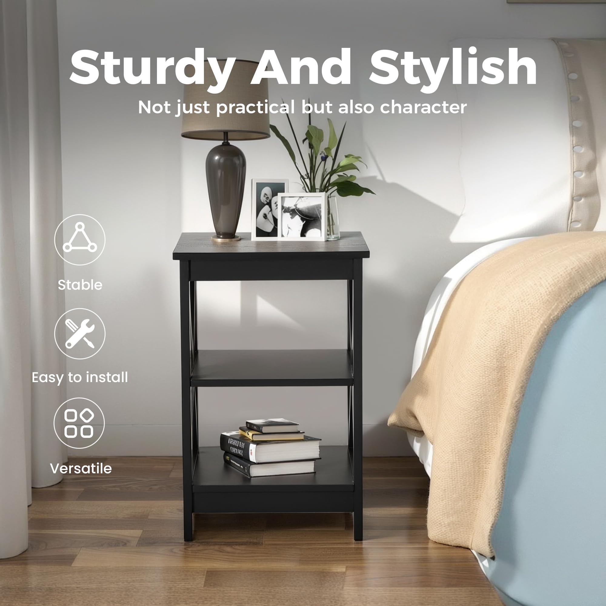 MAISON ARTS Black End Tables Set of 2 - 3-Tier Modern Nightstands for Living Room & Bedroom, Farmhouse Small Side Tables - Perfect for Coffee Storage, Reading Lamps, and Bedside Essentials