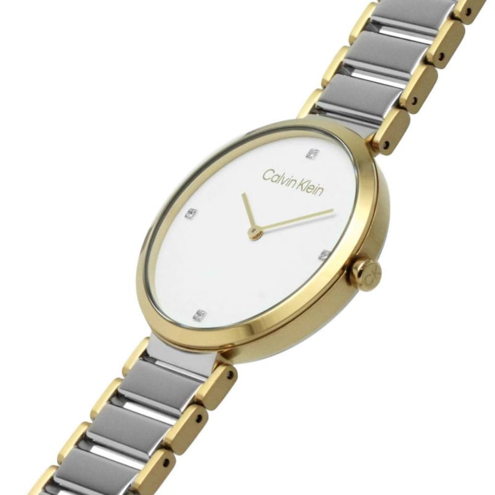 Calvin Klein Women's Minimalist White Dial Two-Tone Stainless Steel Watch 25200134 - Elegant Timepiece for Office, Party & Everyday Wear