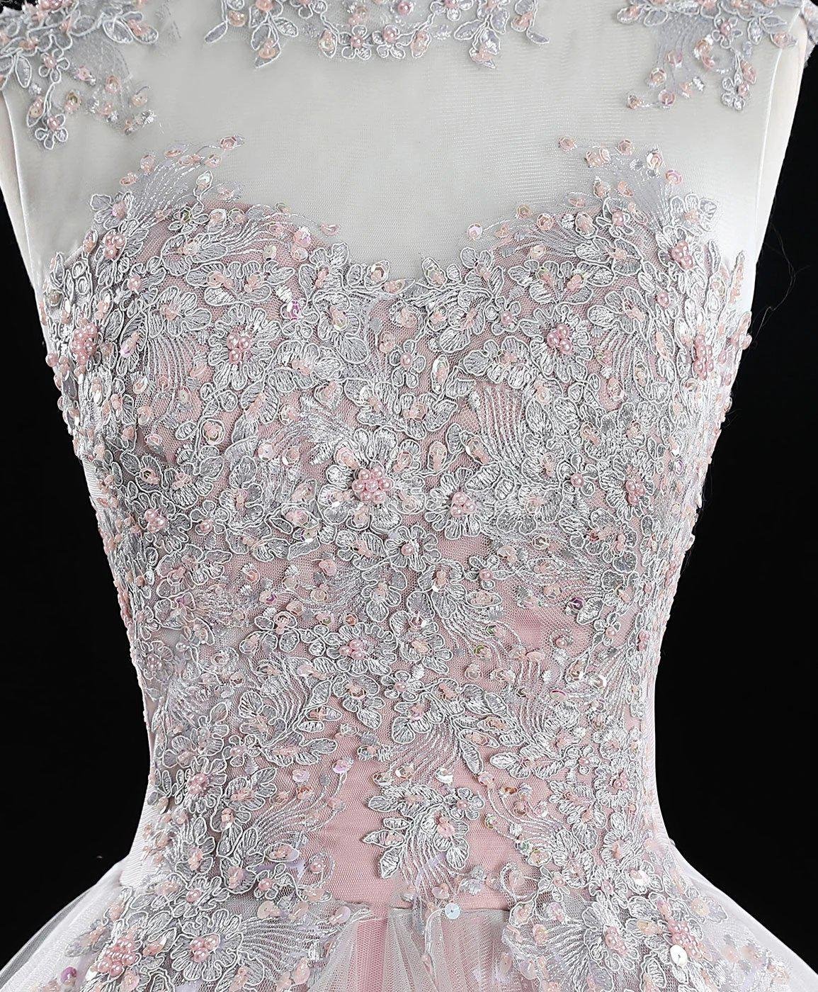 Elegant Pink High Neck Lace Beaded Ruffle Long Evening Prom Dress for Women - Formal Gown for Party, Homecoming, Wedding, Ball & Special Occasions