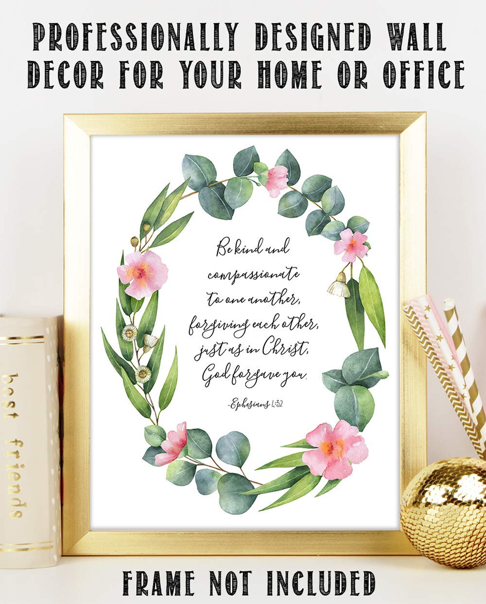 TJ Originals Be Kind & Compassionate Print - Ephesians 4:32 Inspirational Wall Art - Motivational Office Decor, Farmhouse & Living Room Wall Decor for Men, Bedroom Artwork - Perfect for Home, Office & Gift Giving