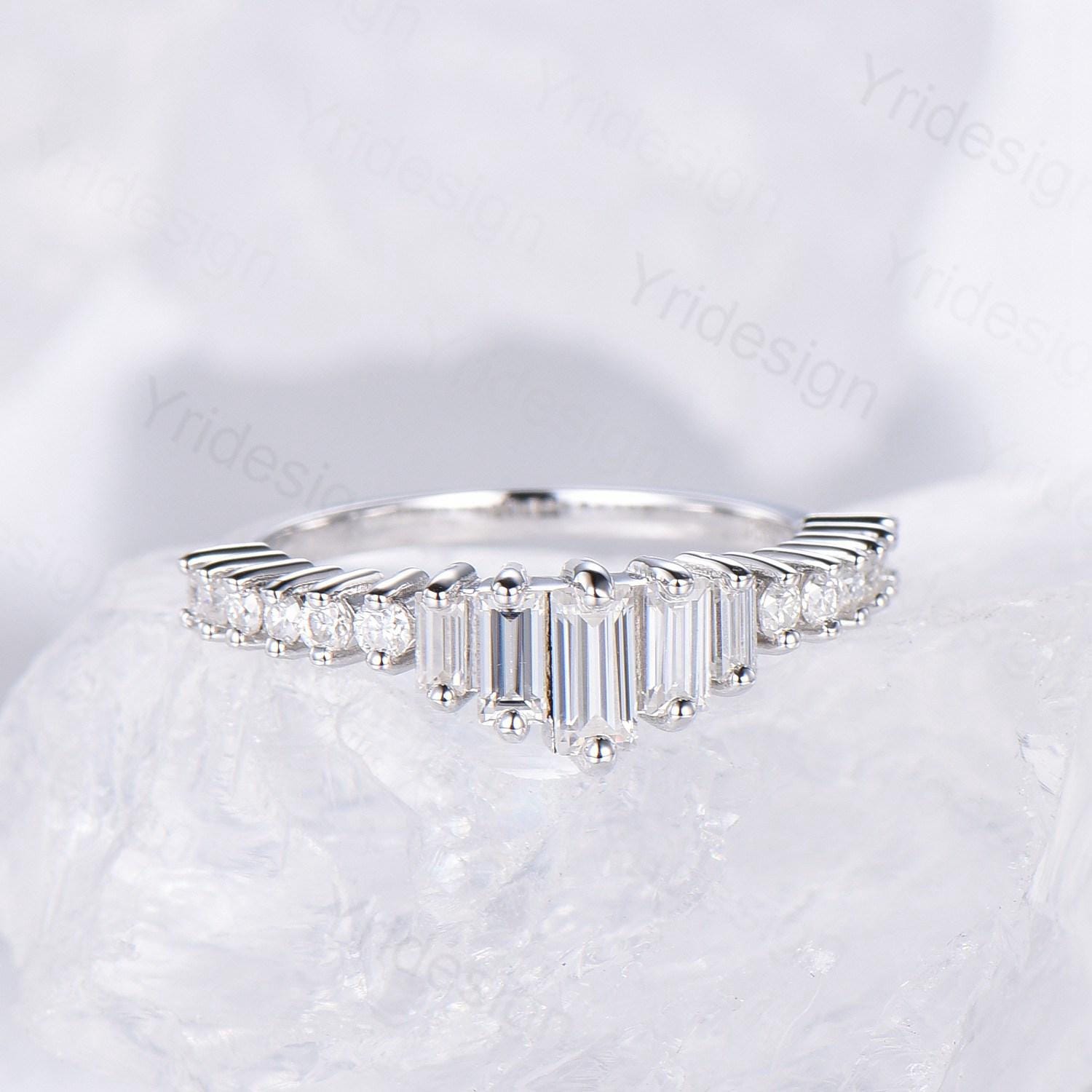 Baguette Cut Moissanite Wedding Band in White Gold or Platinum - Diamond Anniversary Gift for Women, Matching Stacking Ring, Art Deco Promise Band - Perfect for Engagement, Wedding, Anniversary & Special Occasions