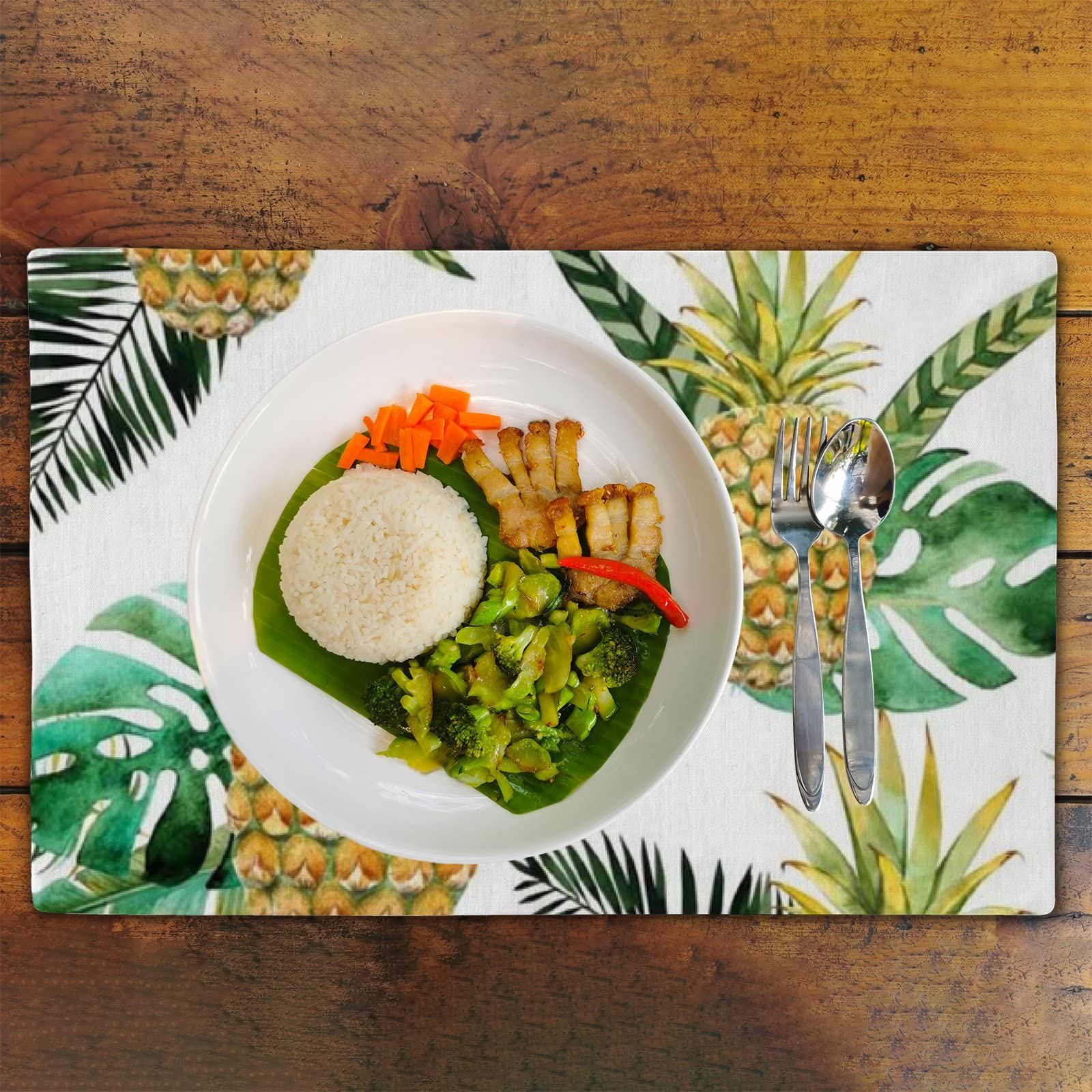 Premium Linen Placemats Set of 6 - Durable & Reusable 12x18 Inch Table Mats for Dining Room Decor, Tropical Pineapple Design - Perfect for Dinner Parties, Family Gatherings & Everyday Meals