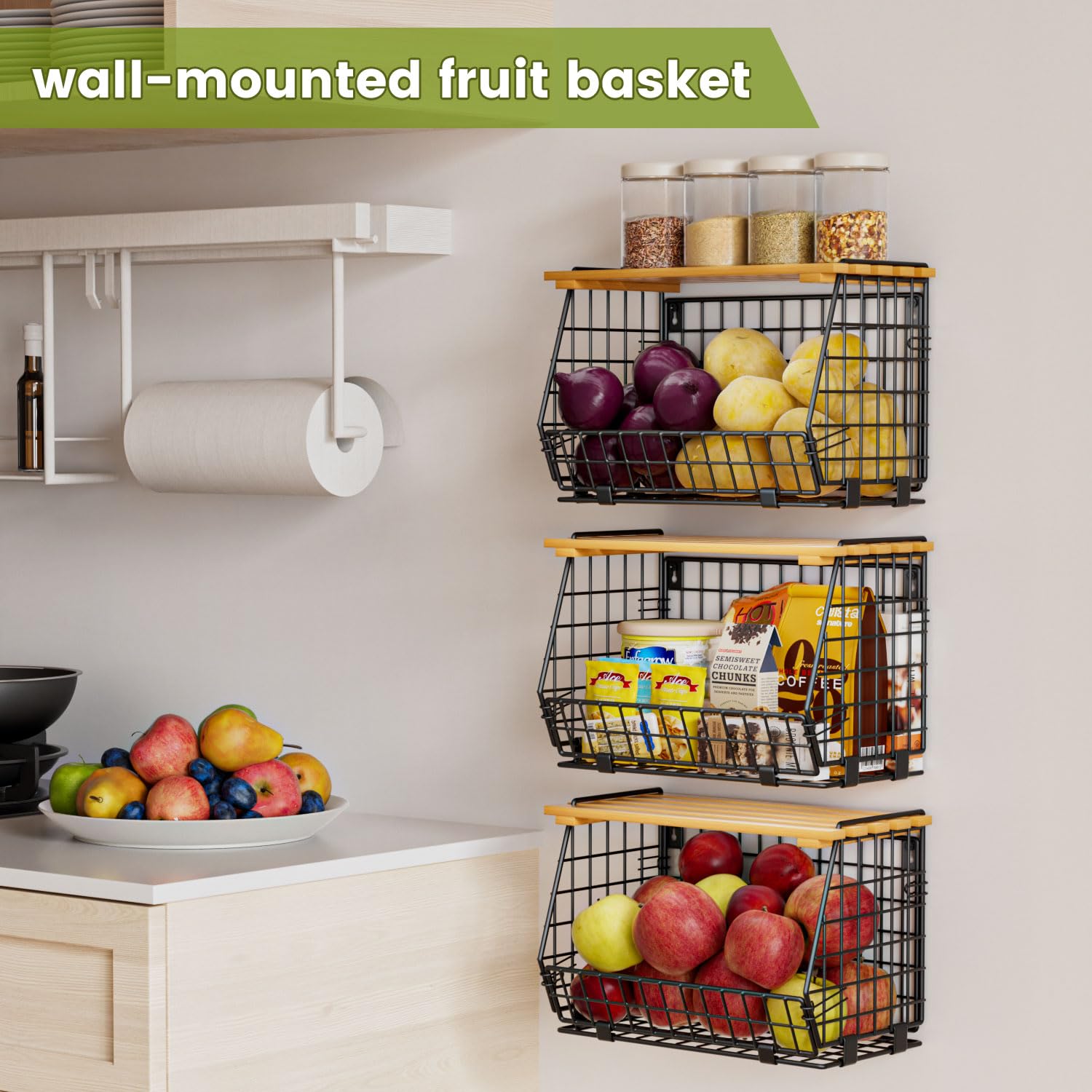 Wire Fruit Basket for Kitchen Storage - Hanging & Stackable Counter Basket for Vegetables, Potatoes, Onions | 3-Pack Pantry Organizer for Fresh Produce Storage