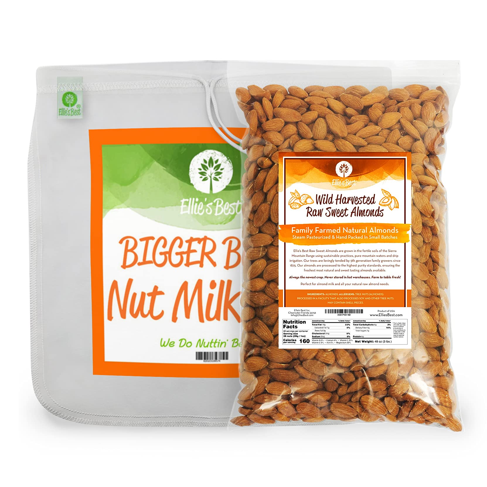 Premium Nut Milk Bag XL 12x12 Inches - Organic Sprouting Almonds 3lb Bundle - Perfect for Homemade Almond Milk, Cheesecloth Filtering & Raw Food Preparation
