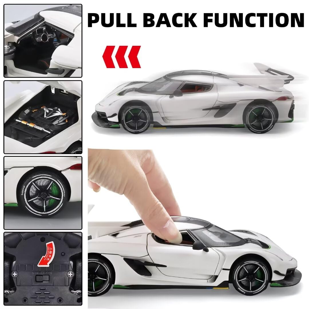 1/24 Scale Koenigsegg Jesko Metal Die Cast Toy Car - Pull Back Action with Light & Sound - Collectible Model Car for Boys Age 3+ (White) - Perfect Birthday Gift & Race Track Play for Kids