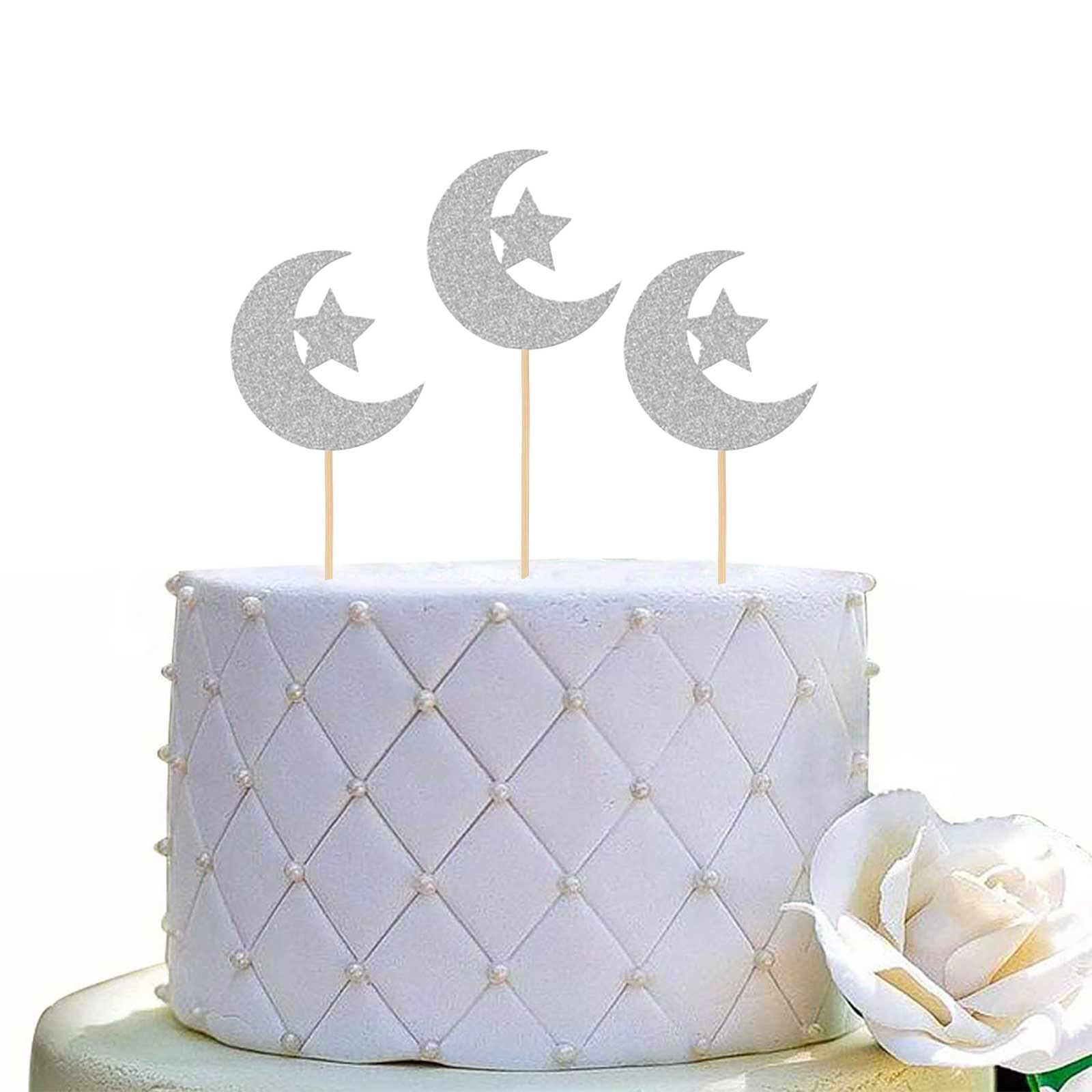 24pcs Silver Moon Star Cupcake Toppers - Glitter Eid Mubarak Cake Decorations, Food Picks for Wedding, Birthday, Baby Shower, Ramadan Kareem Party Supplies - Perfect for Festive Celebrations & Dessert Displays