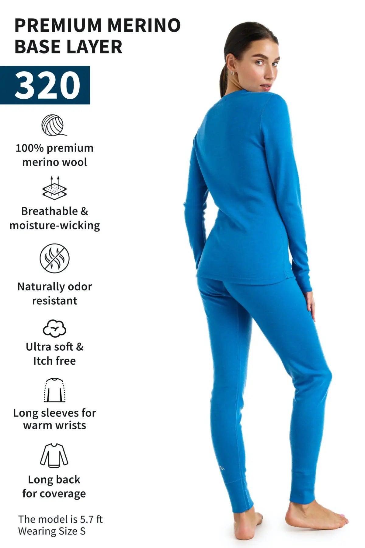Women's Merino Wool Thermal Underwear Set 320 GSM - Ocean Blue | Warm Winter Base Layer for Skiing, Hiking & Outdoor Activities