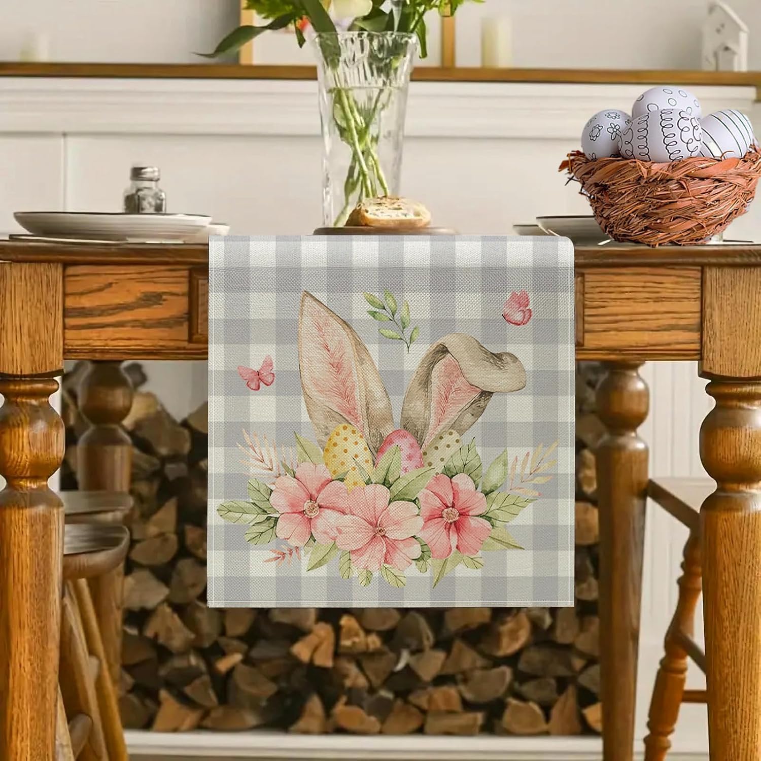 Easter Table Runner 72 Inches Long - Bunny Rabbit & Floral Pink Buffalo Plaid Design for Spring Summer Holiday Decorations - Perfect for Easter Dining Table, Buffet Decor, and Seasonal Home Decor (12x72 Inches)