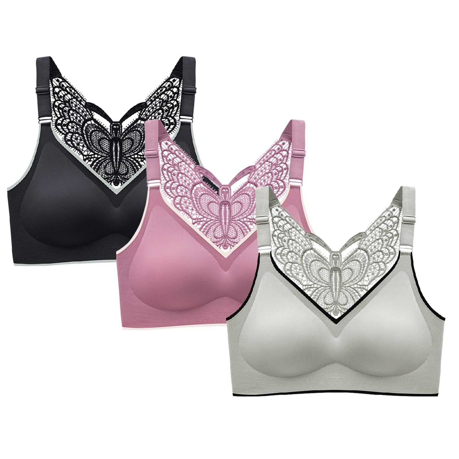 3 Pack Plus Size Women's Padded Sports Bra - Seamless Lace Bralette with Butterfly Back, Smooth Push Up Wirefree Bras for Yoga, Running & Gym Workouts