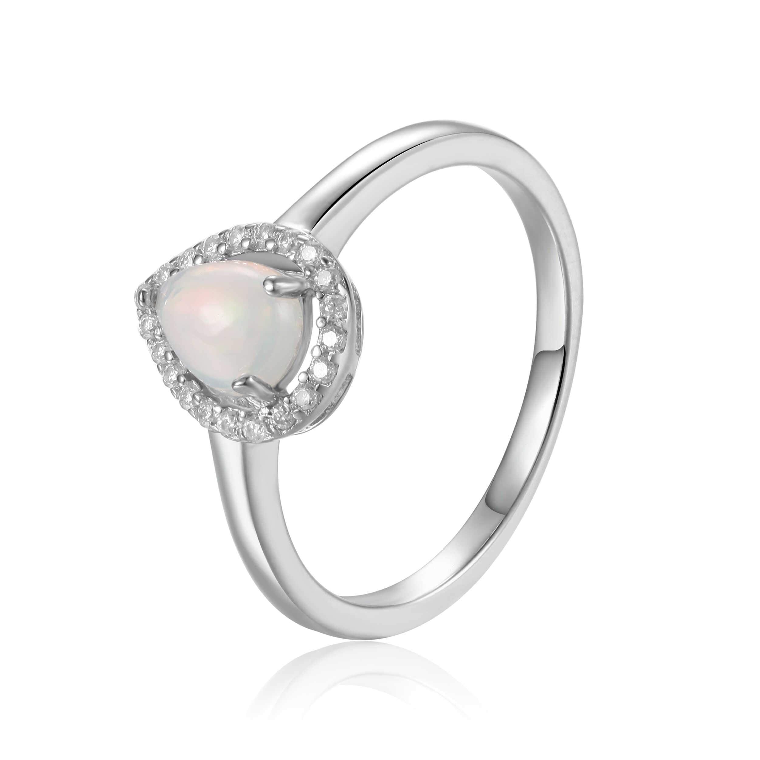 White Opal Teardrop Halo Ring – Elegant 925 Sterling Silver Engagement Ring for Women | Perfect for Weddings, Anniversaries & Special Occasions