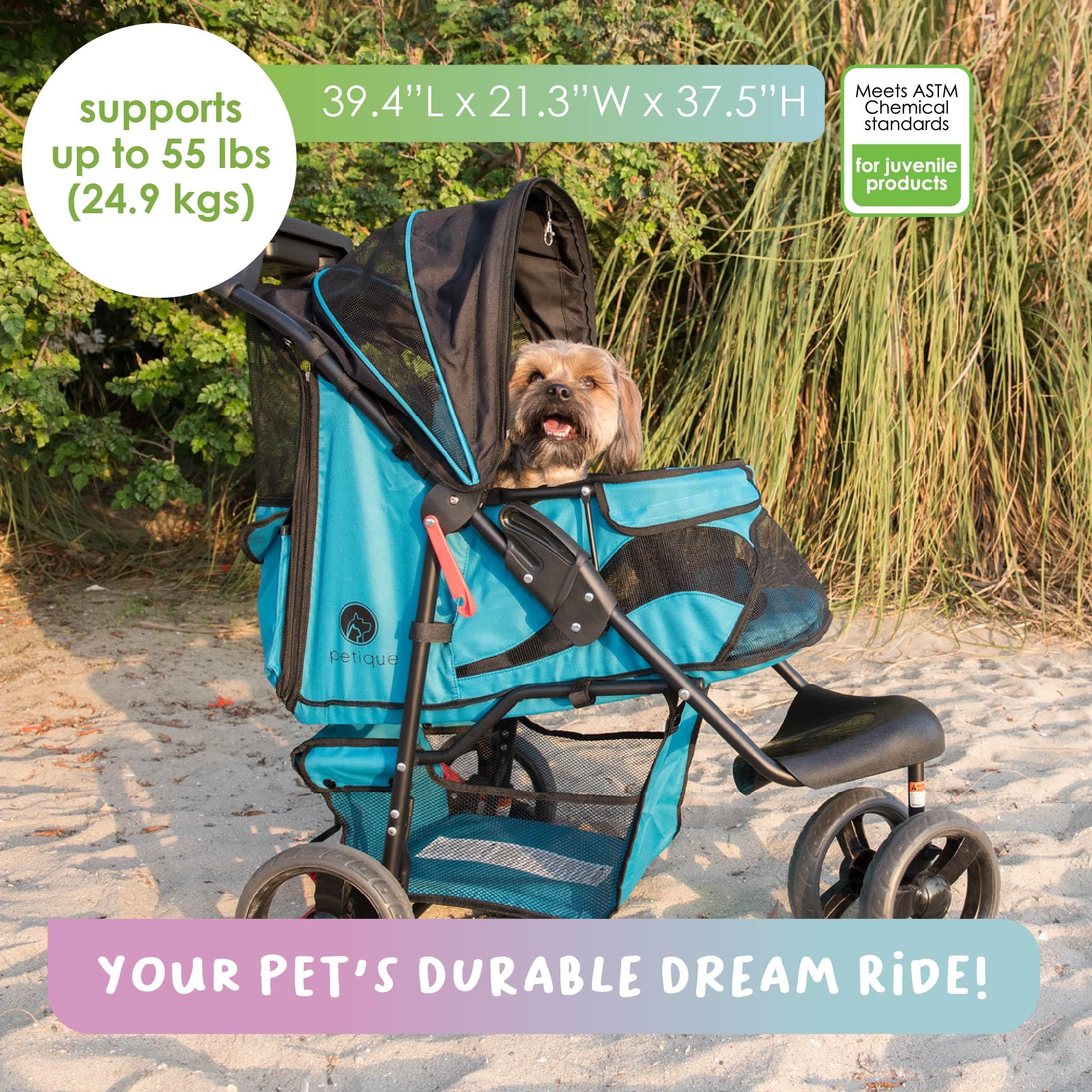 Premium Pet Stroller for Small to Medium Dogs & Cats - Durable, Easy Fold Design with Mesh Windows & Large Storage Basket - Secure Cup Holder Tray - Supports Pets Up to 55lbs - Mermaid Blue - Perfect for Outdoor Walks, Vet Visits & Travel Adventures