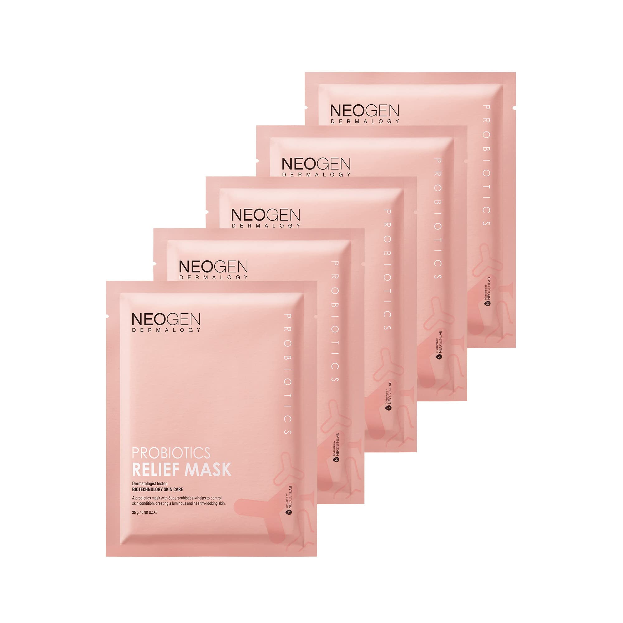 NEOGENLAB DERMALOGY Probiotics Relief Facial Sheet Mask - Hydrating & Firming Korean Skin Care with Probiotics Lactobacillus, Bifida & Collagen - Pack of 5 (0.88 oz / 25g) for Daily Skincare Routine & Spa Night Relaxation