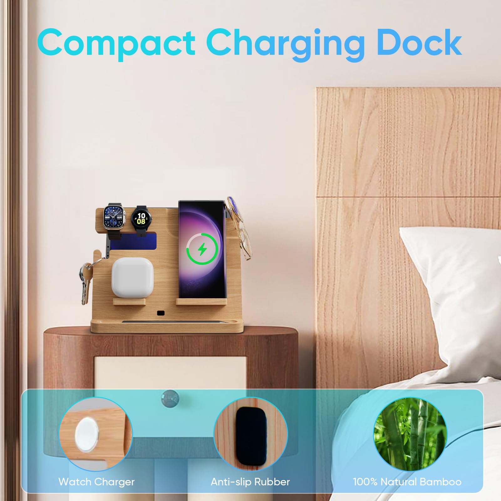 Bamboo Wireless Charger Stand for Samsung Galaxy Z Flip Fold 4 S24 S23 Ultra S22 S21 S20 - 3-in-1 Fast Charging Station for Phone, Earbuds & Galaxy Watch 5/4/3 | Eco-Friendly Bamboo Organizer | Perfect Gift for Tech Lovers | Home Office Desk Accessory
