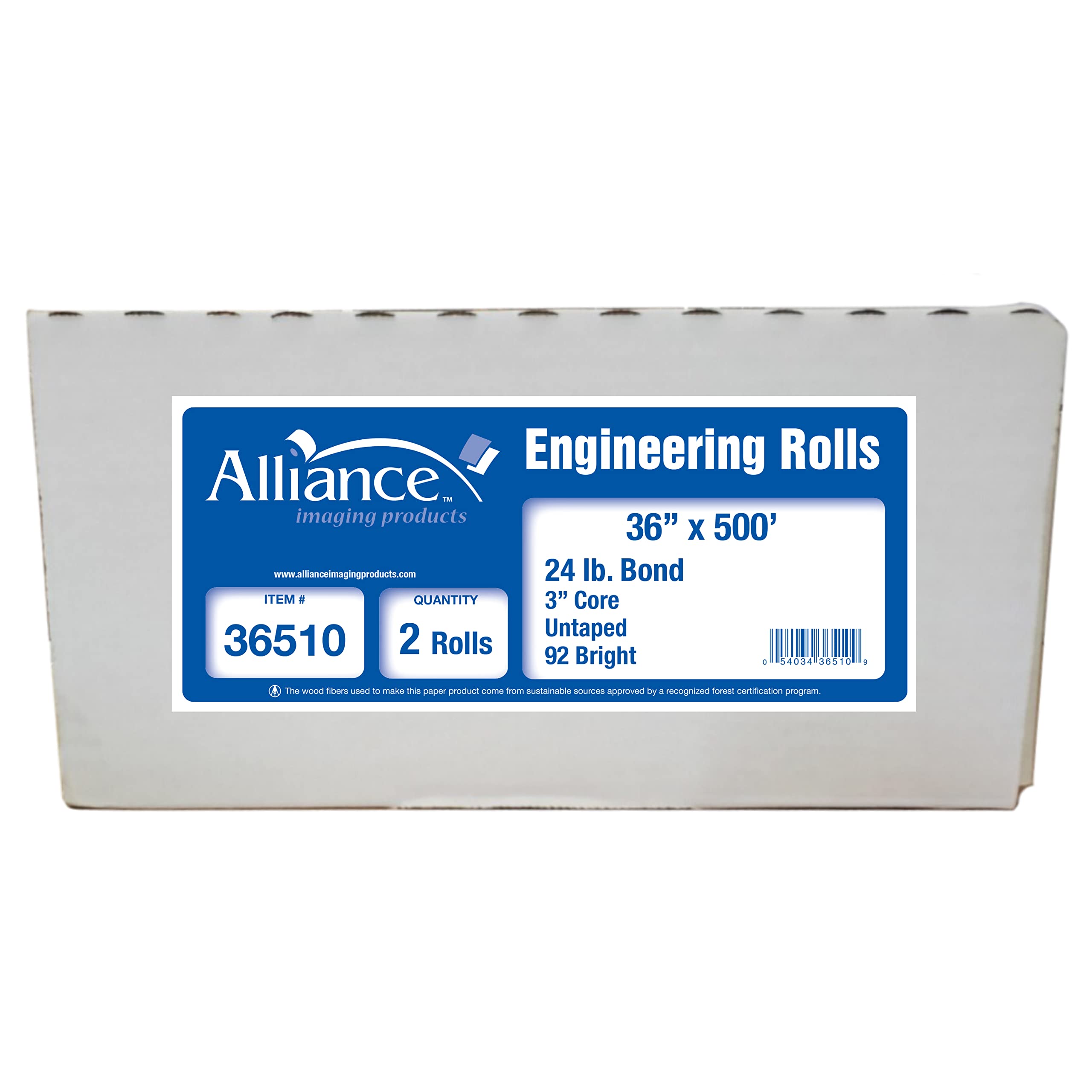 Alliance CAD Paper Rolls - 36” x 500’ Premium Inkjet Bond Paper, 92 Brightness, 24lb Weight (2 Rolls per Carton) with 3” Core - Ideal for Architectural Drawings, Engineering Plans & Large Format Printing