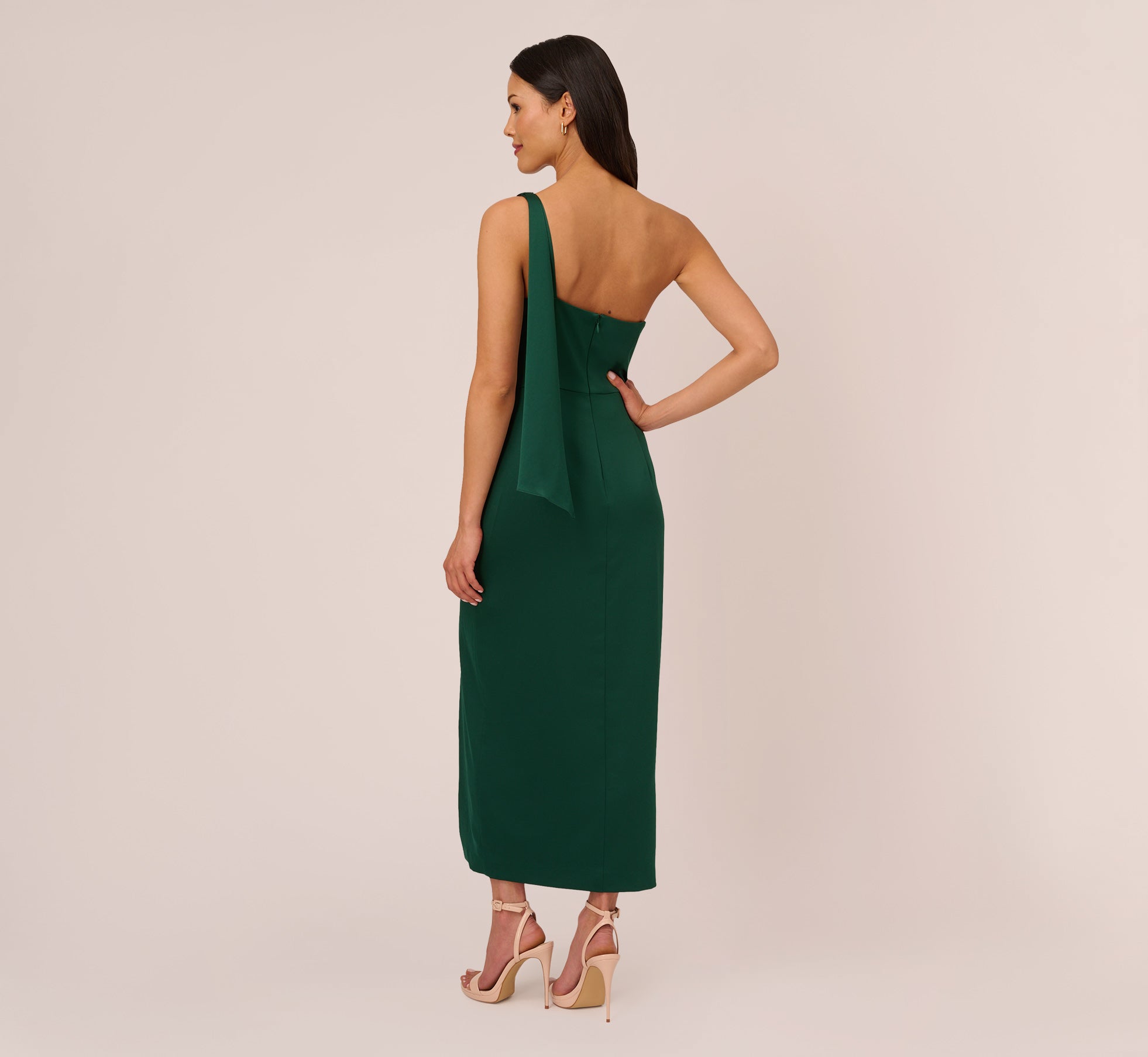 Elegant Deep Forest Green Satin Crepe One Shoulder Gown with Metal Ring Accent - Perfect for Evening Galas, Prom Nights & Formal Events