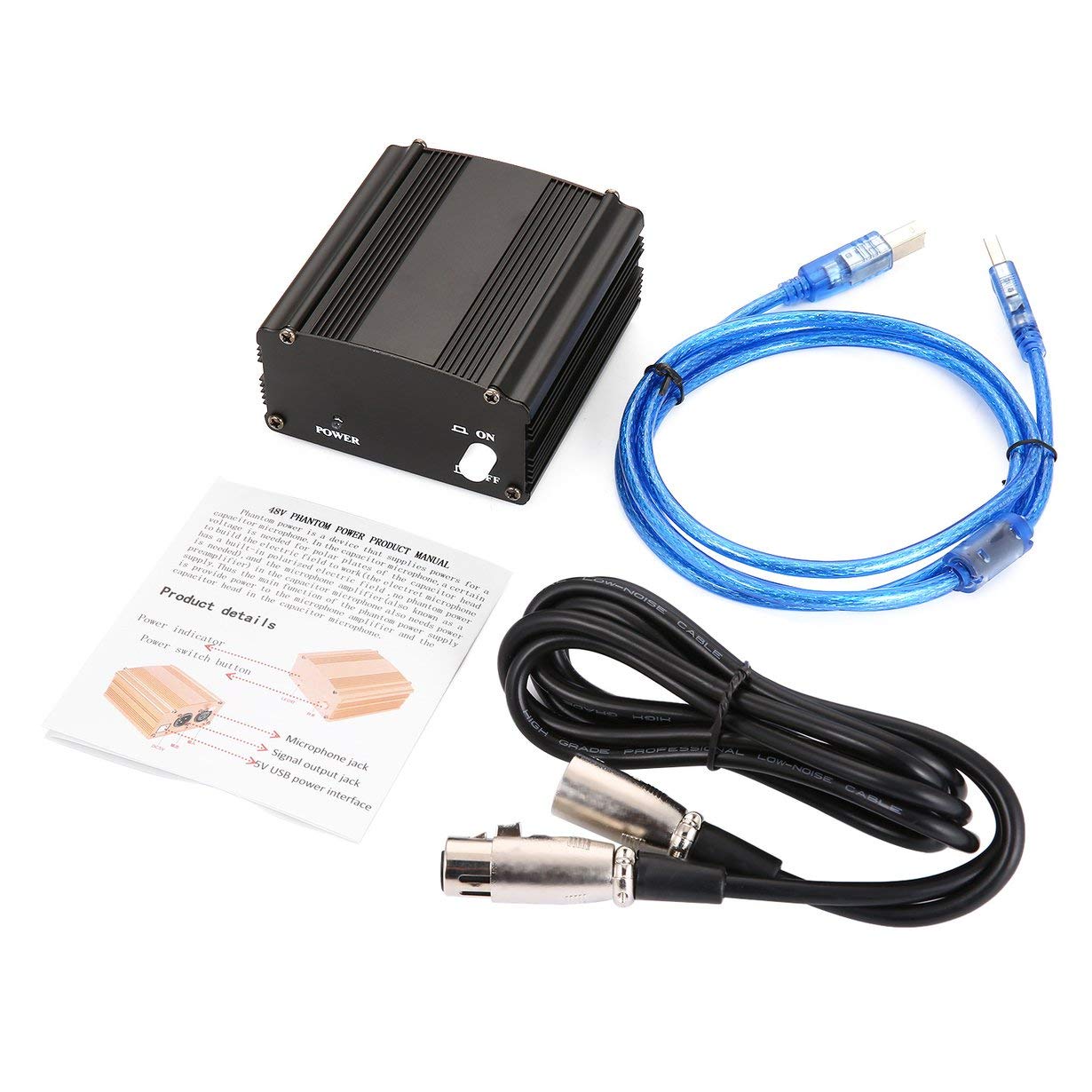 Kiminors 48V USB Phantom Power Supply with USB 2.0 Cable - Dual Plug Microphone Cable for Condenser Mics - Professional Recording Equipment for Studio & Podcasting