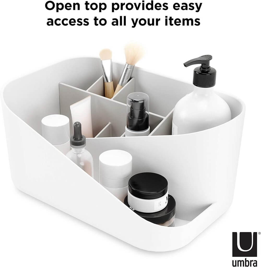 Umbra Glam Makeup Organizer - White Cosmetic Storage Case for Vanity, Bathroom & Travel | Compact Beauty Accessory Holder for Brushes, Lipsticks & Makeup Essentials