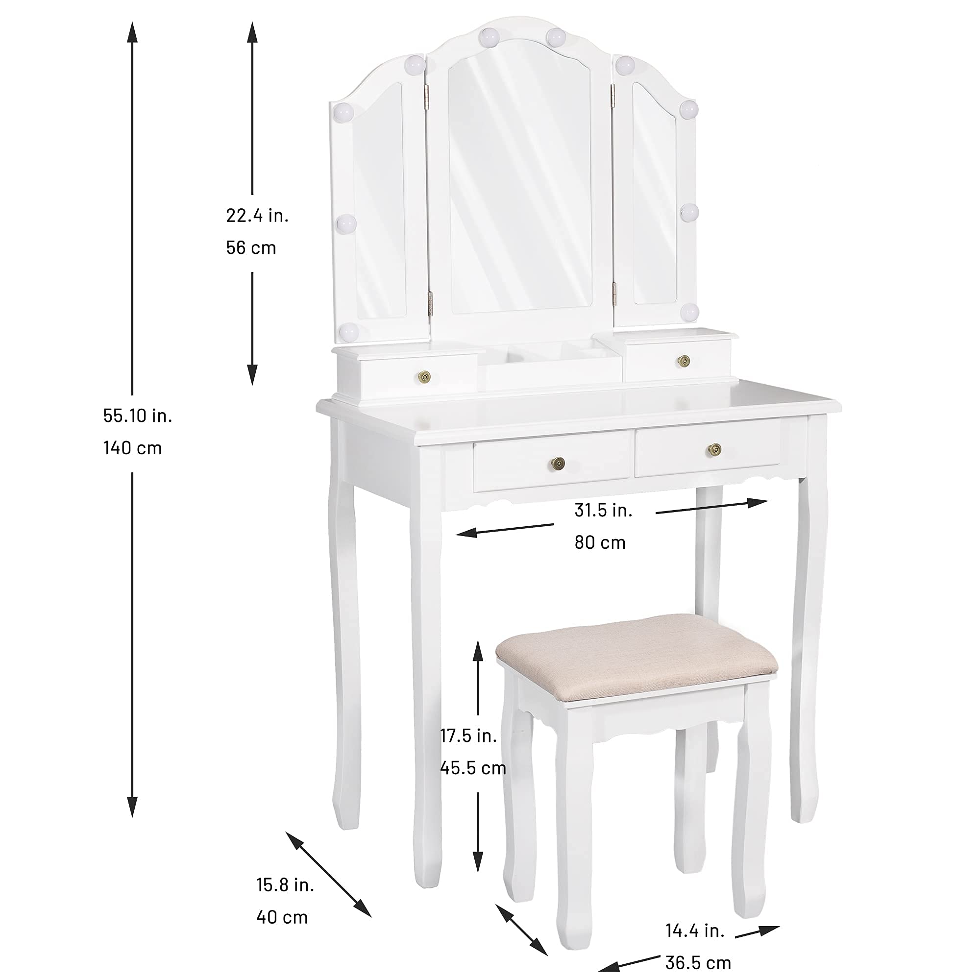 Caroeas White Tri-Fold Makeup Vanity Set with LED Lights - Solid Wood Vanity Table with Mirror, Padded Stool, 4 Drawers & Storage Compartments - Perfect for Bedroom, Dressing Room & Beauty Salon