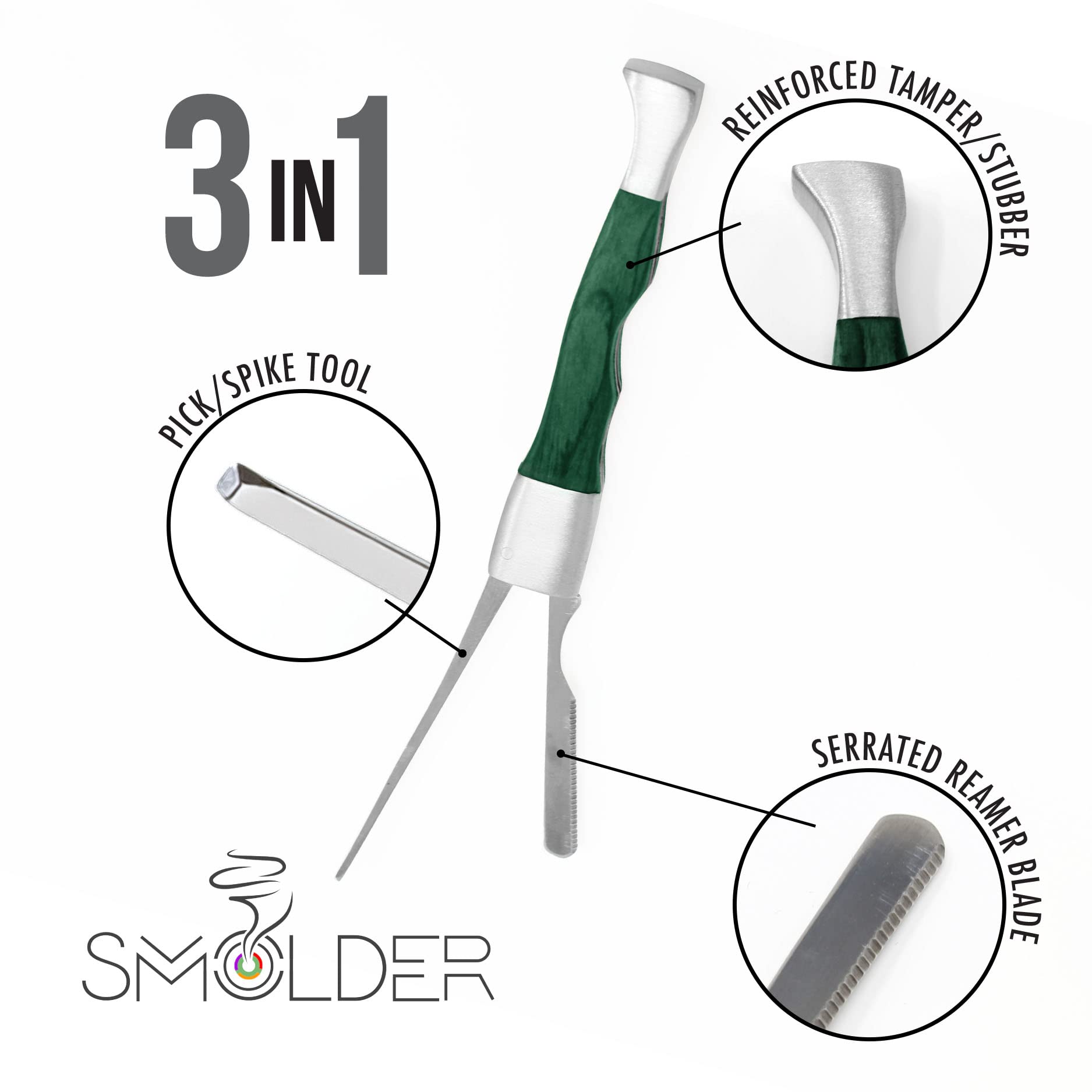 3-in-1 Tobacco Pipe Tool Set - Rosewood & Stainless Steel Pipe Cleaner with Chamber Reamer, Bowl Spike & Reinforced Tamper (Green) - Perfect for Pipe Maintenance, Smoking Accessories & Tobacco Enthusiasts