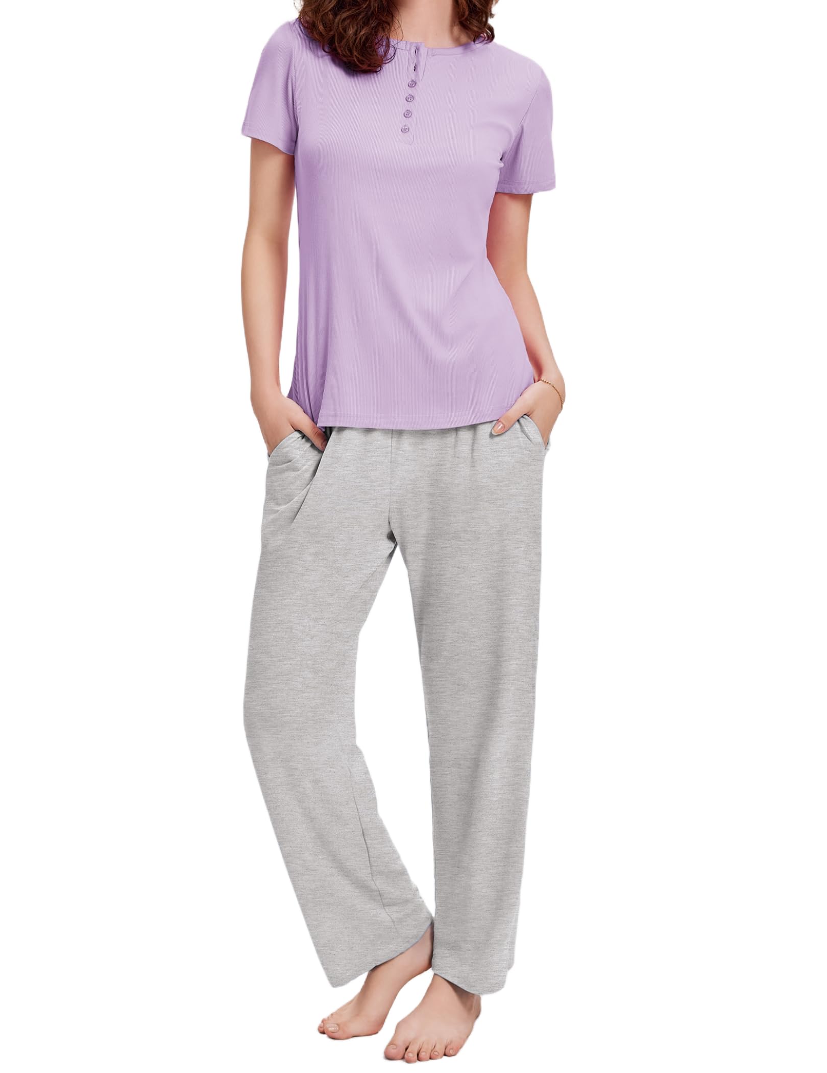 Ekouaer Women's Soft Ribbed Knit Pajama Set - Short Sleeve Top & Plaid Pants Sleepwear for Lounge, Sleep & Relaxation | Comfortable Nightwear for Women