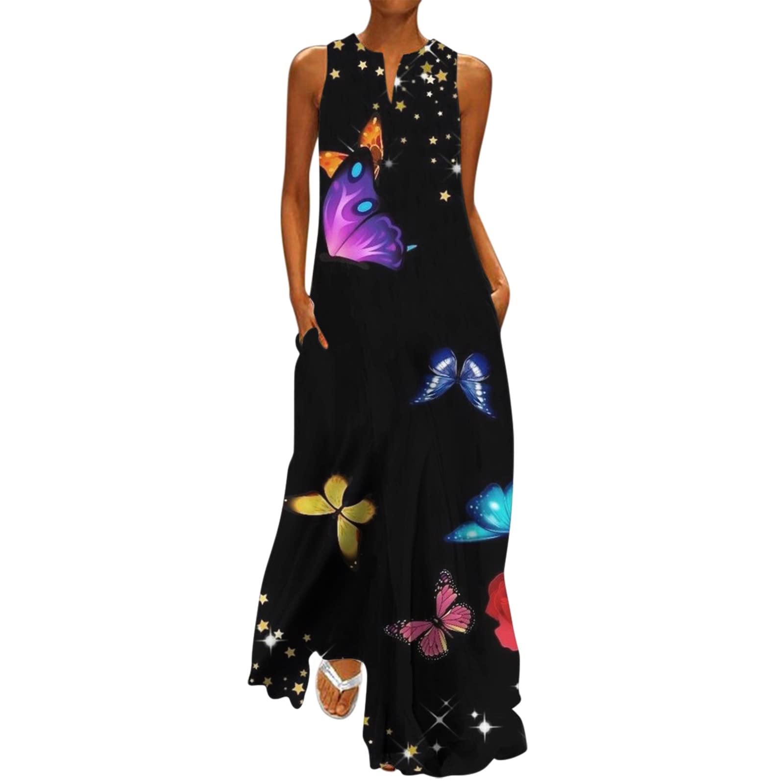 Women's Red Boho Print V-Neck Sleeveless Maxi Dress - Loose Fit Summer Beach Dress for Casual & Semi-Formal Occasions | Perfect for Vacations, Parties & Outdoor Events