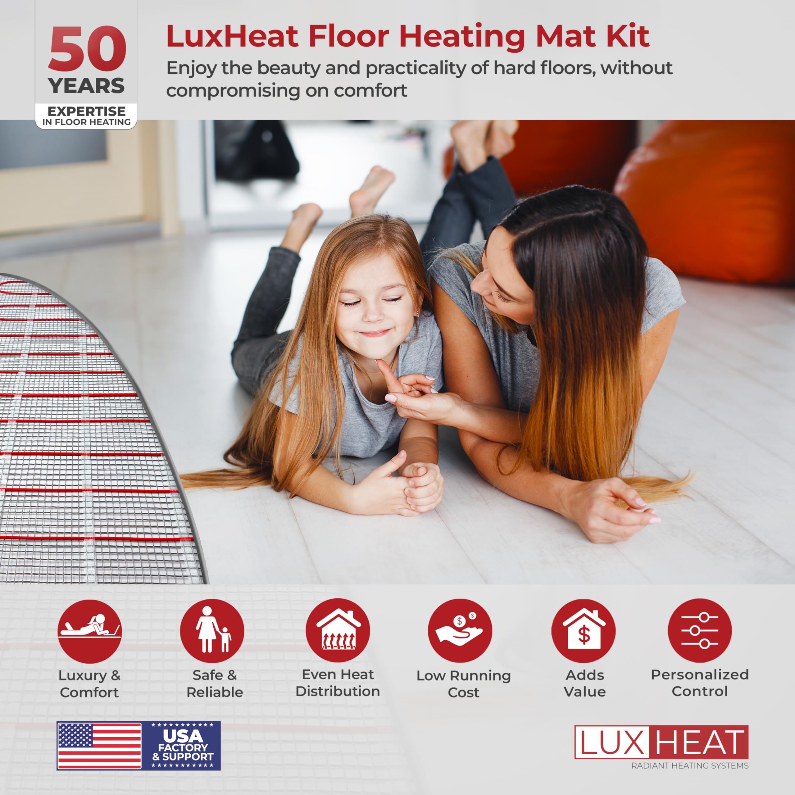 45 sqft Electric Radiant Floor Heating Mat Kit - 120V Under Tile Heating System with Programmable Thermostat, GFCI & Floor Sensor - Perfect for Bathroom, Kitchen & Basement Floor Warming