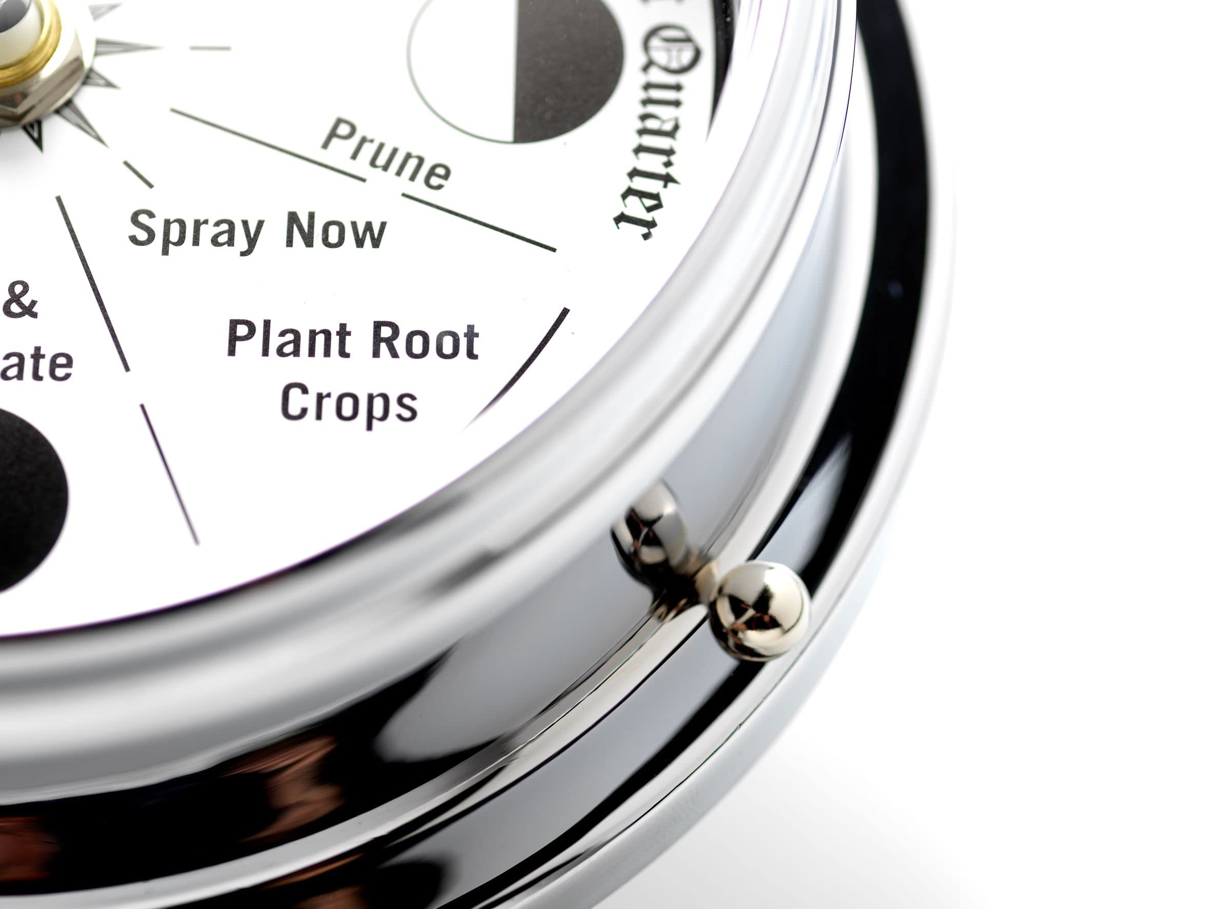 Classic Chrome Moon Gardening Clock - Lunar Harmony Guide for Biodynamic & Organic Gardening | Essential Moon Phase Tool for Planting & Harvesting | Perfect for Home Gardens, Farms & Sustainable Agriculture