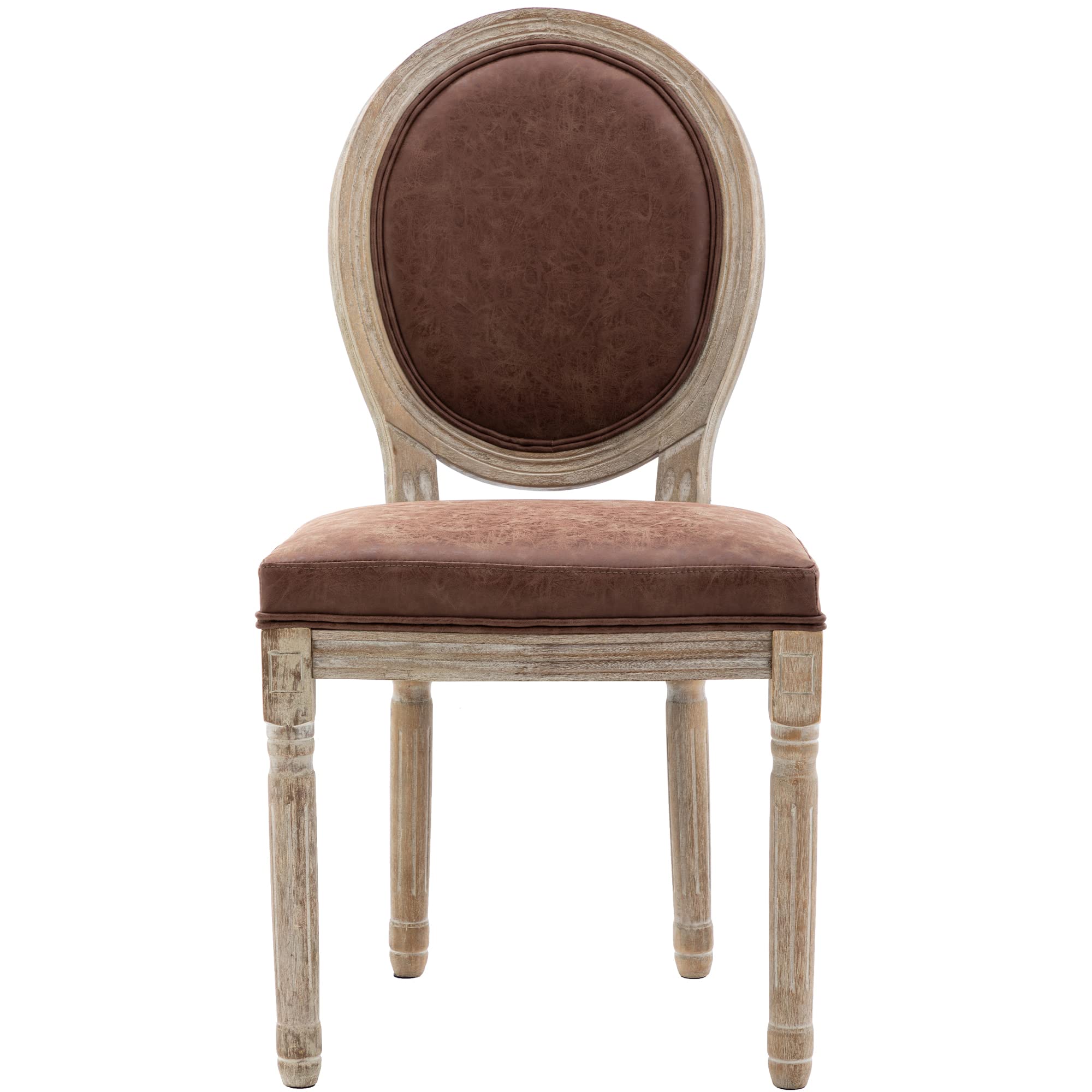 Farmhouse Style Leather Dining Chairs Set of 4 - French Country Round Back Bistro Chairs with Wooden Legs for Dining Room, Kitchen, Living Room or Restaurant - Brown Leather Seats for Home Decor & Commercial Use