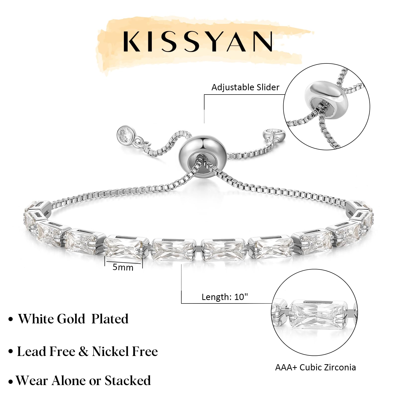 KissYan 14K Gold Plated Cubic Zirconia Tennis Bracelet for Women - Adjustable Slider Trendy Jewelry Gift for Anniversary, Birthday & Special Occasions
